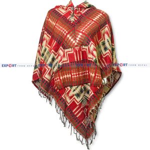 Red Green Patterned Design Woolen Poncho