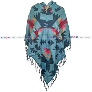 Turkish Blue Patterned Design Woolen Puncho