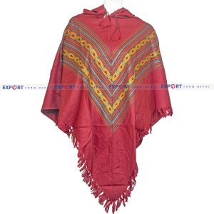 Crimson Red Patterned Design Woolen Puncho