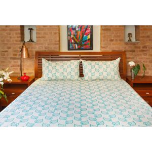Handmade Teal Leaf Printed Cotton Bedsheet