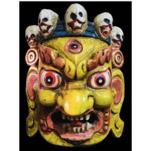 Handmade Wooden Mini Mask Of Mahakala, Painted Yellow