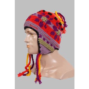 Hand-Knitted 100% Woolen Outside & Polyester Inside Multi-Colored Ear Flap