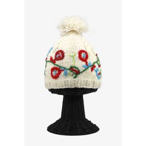 100% Pure Woolen Soft & Warm Women's White Beanie Hat with Flower Design