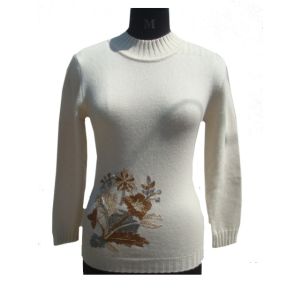 Pure Cashmere  Ladies  T neck  sweater with Embroidery on waist  Hand  Made  in  Nepal 