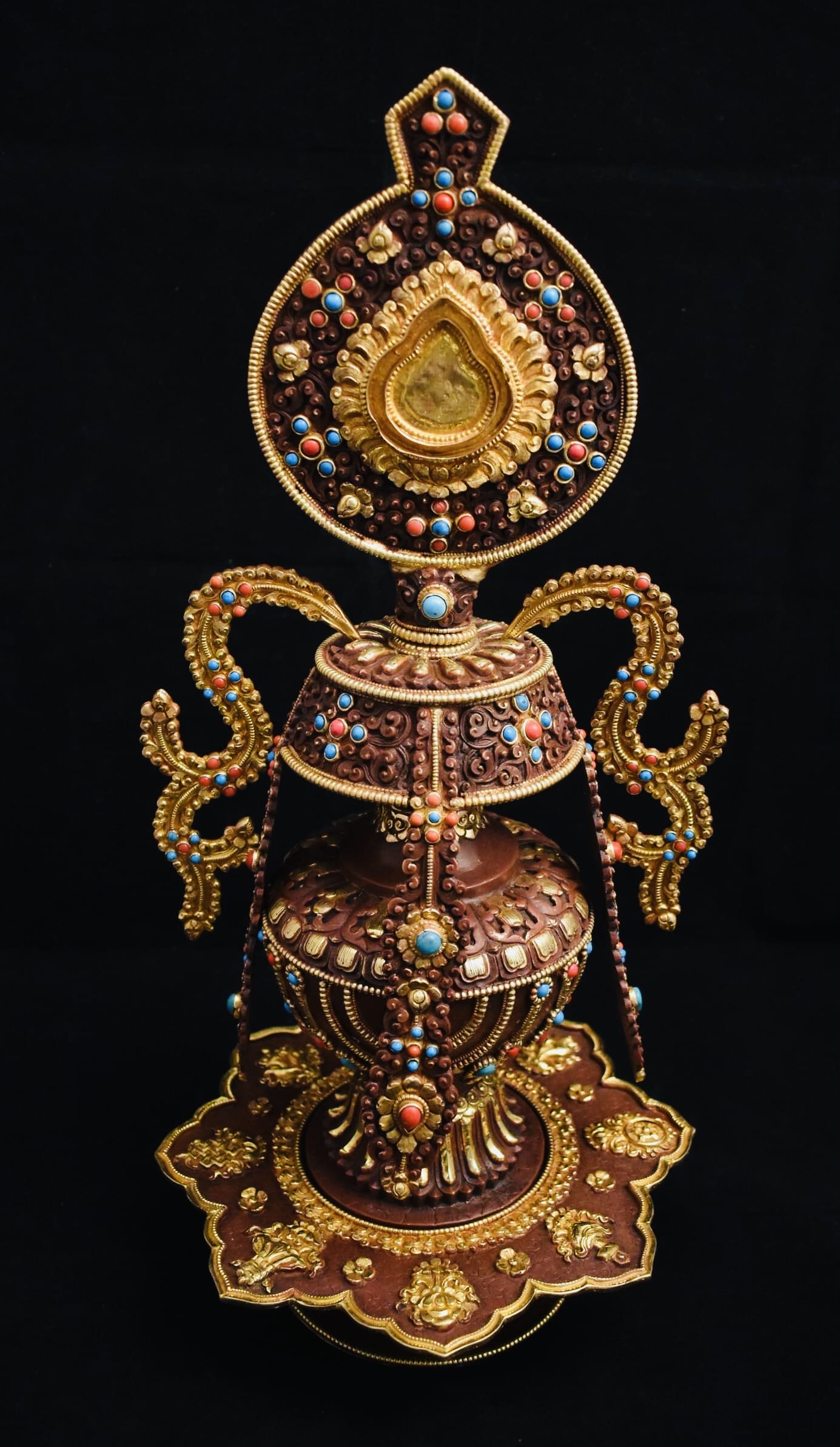 Half Fire Gold-Plated Copper 18” Tsepumba Bhumpa with Stone Setting