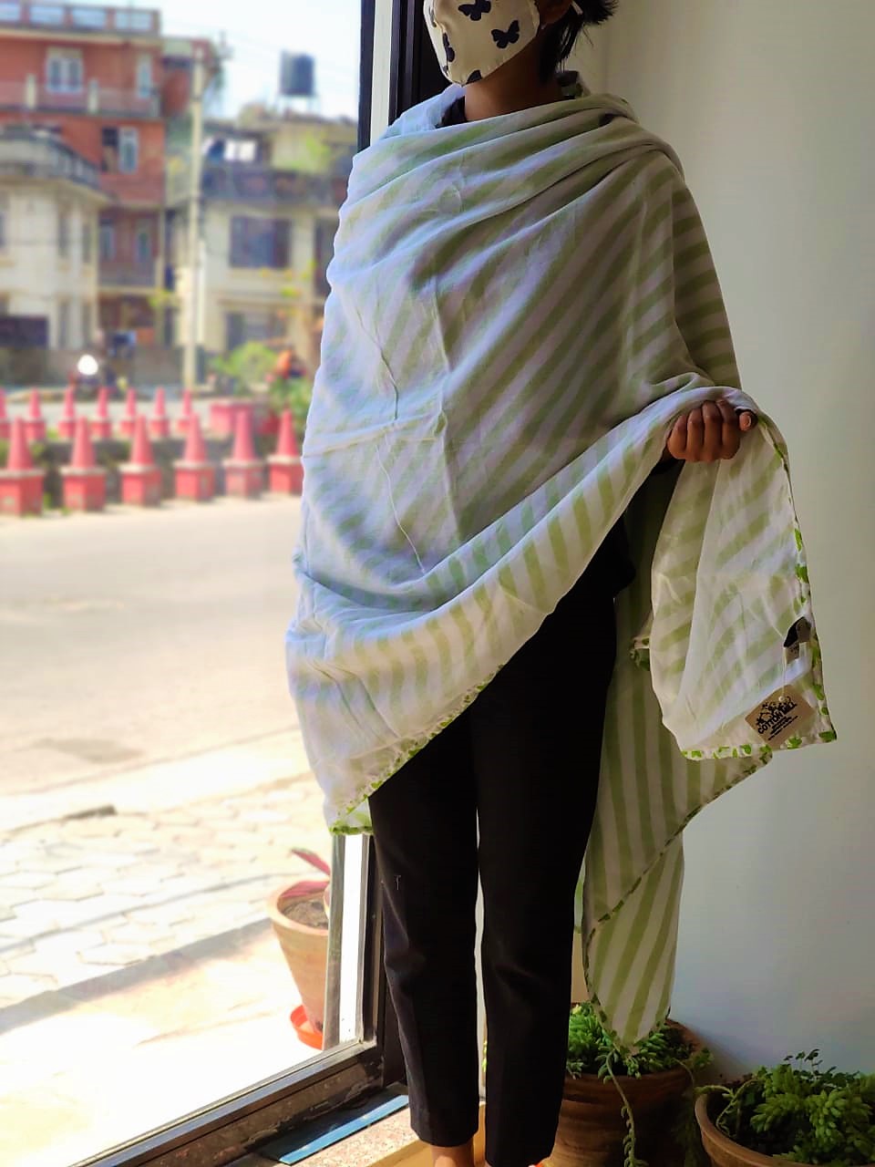 Handmade Green Line Design Malmal Khasto (Throw)