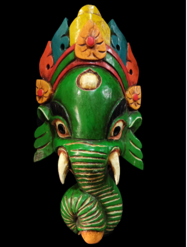 Handmade Wooden Mask Of Ganesh, Painted Green