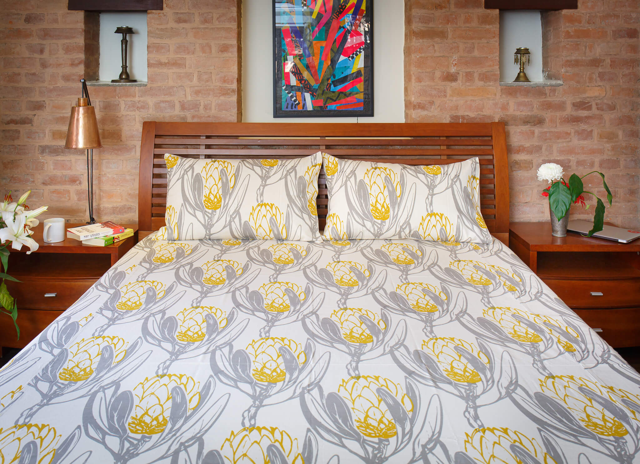 Handmade Grey Yellow Floral Printed Cotton Bedsheet