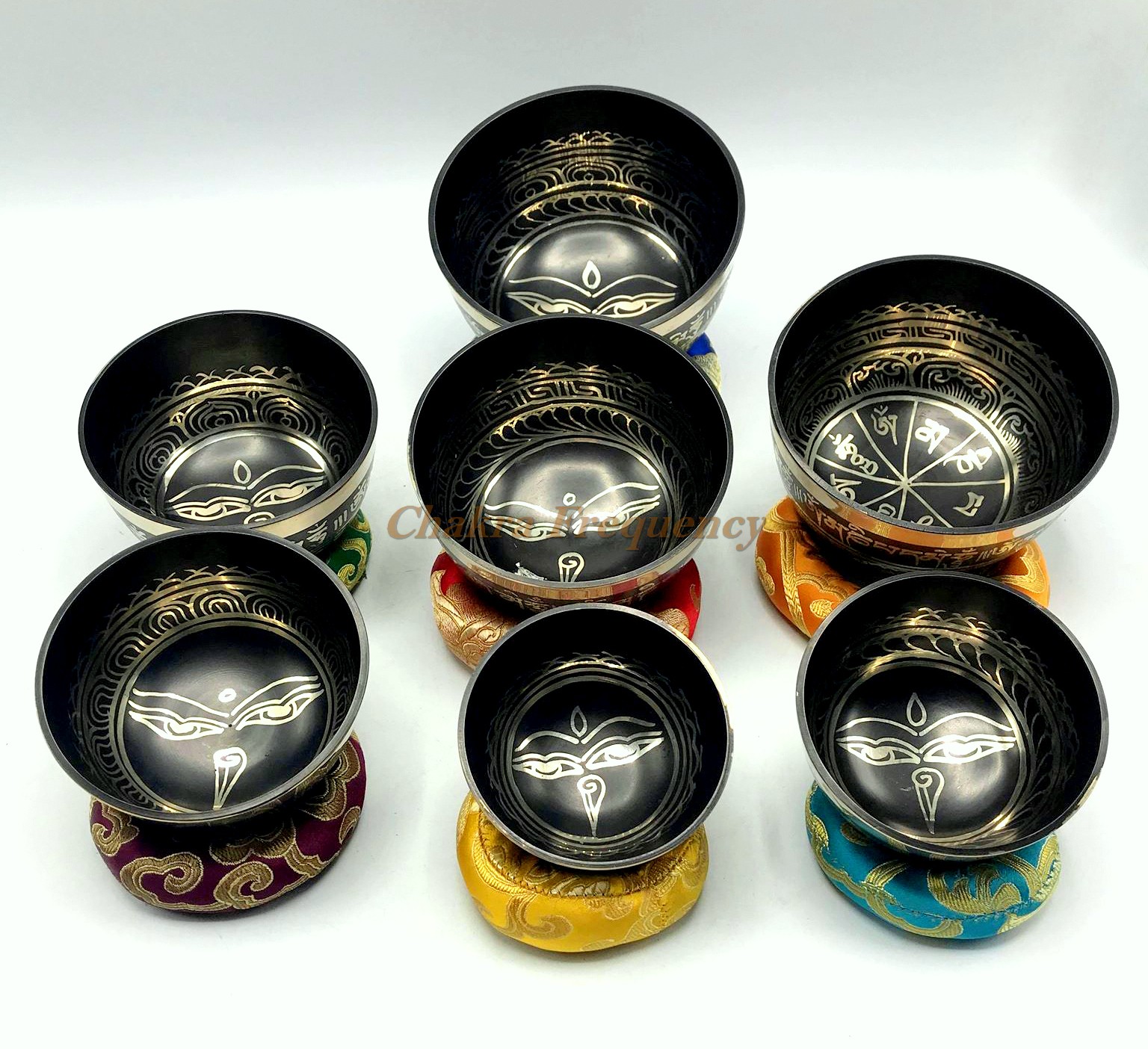 Black Color Seven chakra tune singing bowl set of 7-Singing Bowl Set of 7-Chakra Tune Singing Bowl set for yoga, meditation, sound healing, chakra balancing, sound therapy, Zen Healing, Reiki Bowl comes with cushion, mallet striker and box