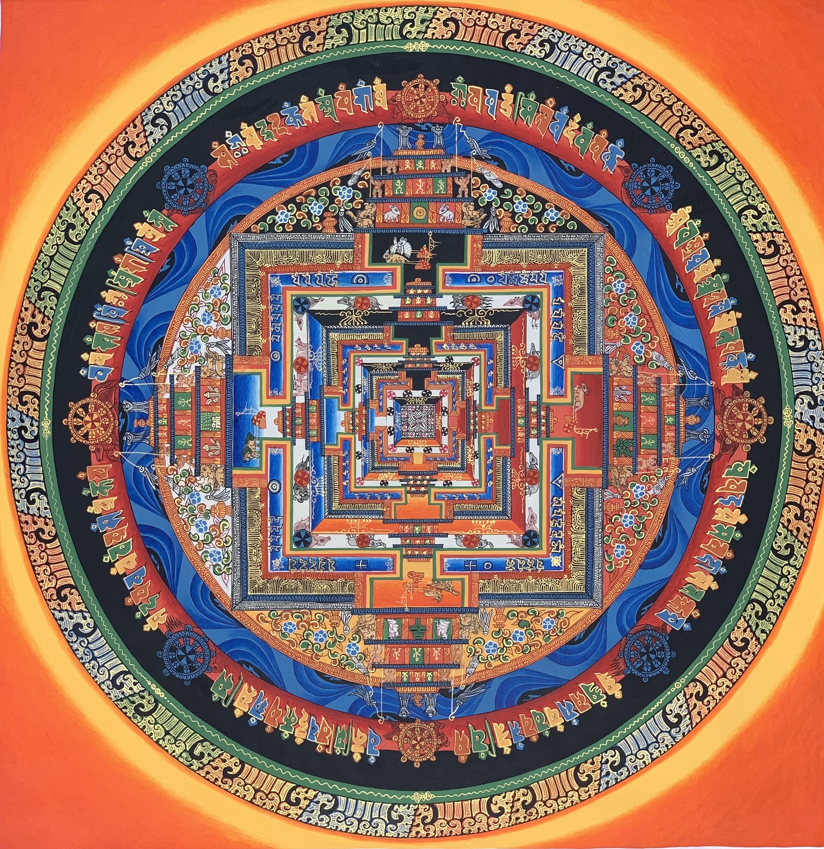 Hand-Painted Kalachakra Mandala Tibetan Thangka Art on Canvas, 22 x 22 Inches
