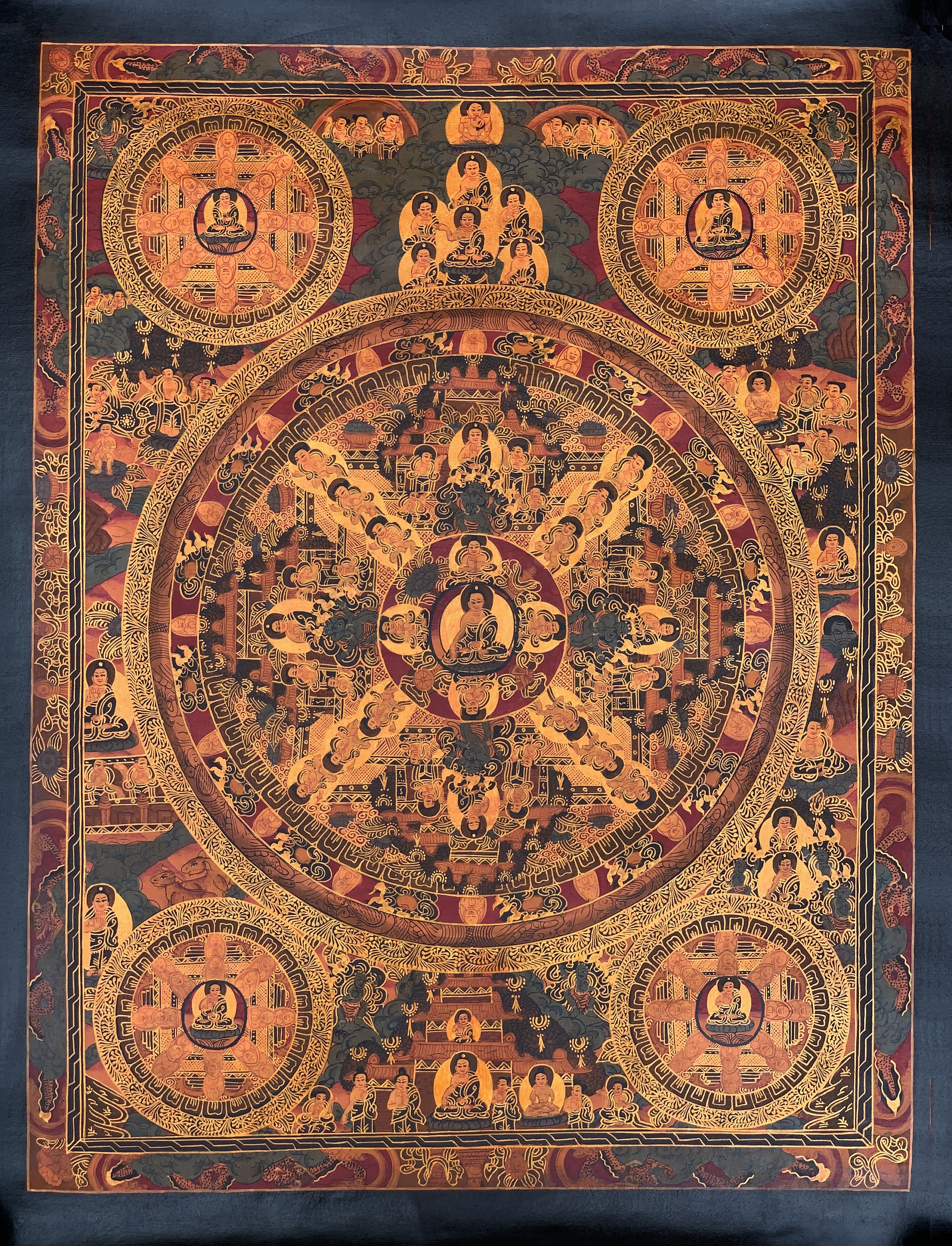 Hand-Painted Buddha Mandala Tibetan Thangka Art on Canvas, 21 x 27 Inches