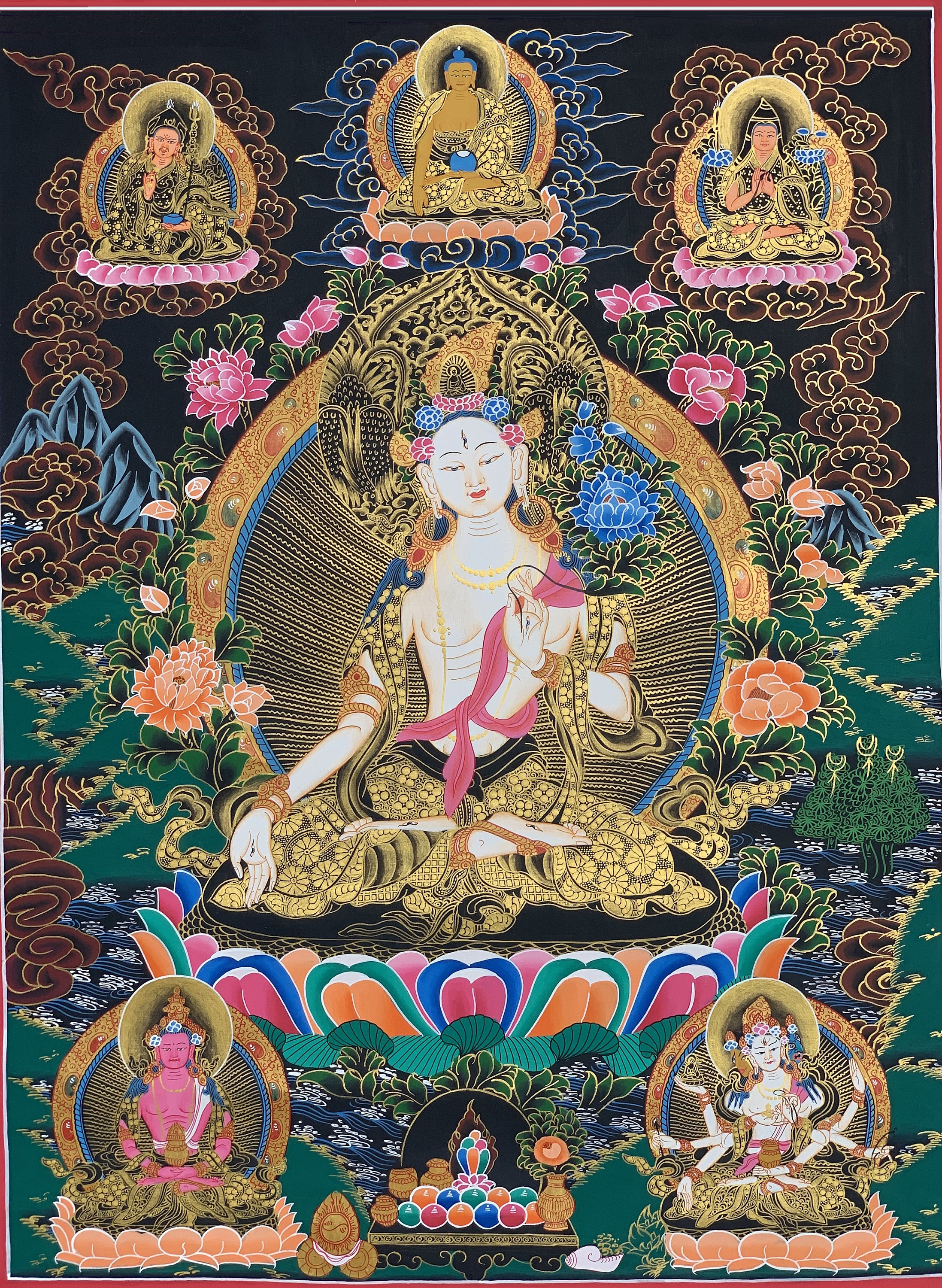 Hand-Painted White Tara Tibetan Thangka Art on Canvas, 22 x 28 Inches