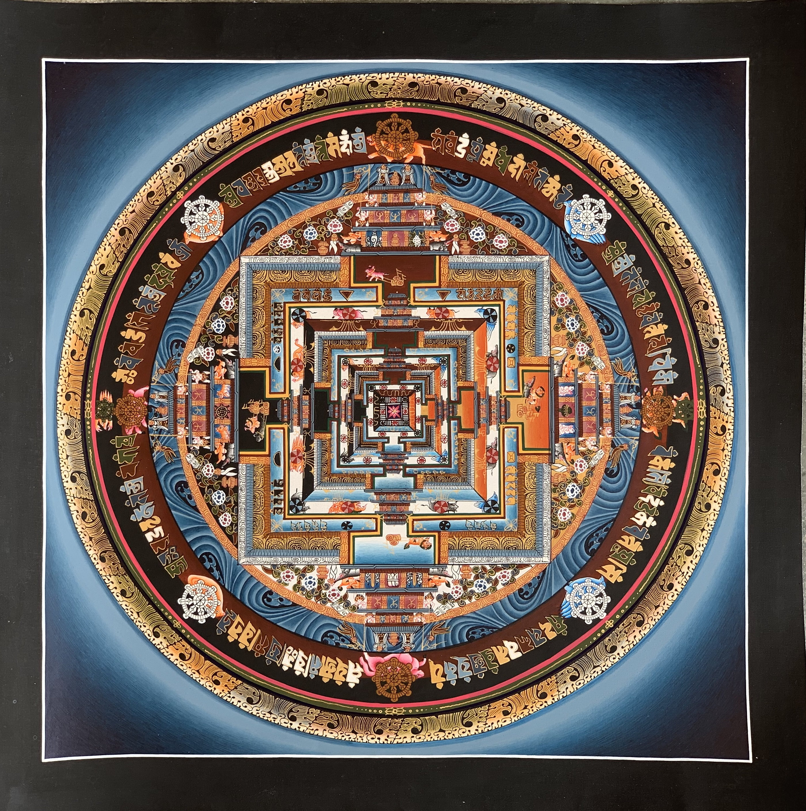 Hand-Painted Kalachakra Mandala Tibetan Thangka Art on Canvas 14 x 14 inches