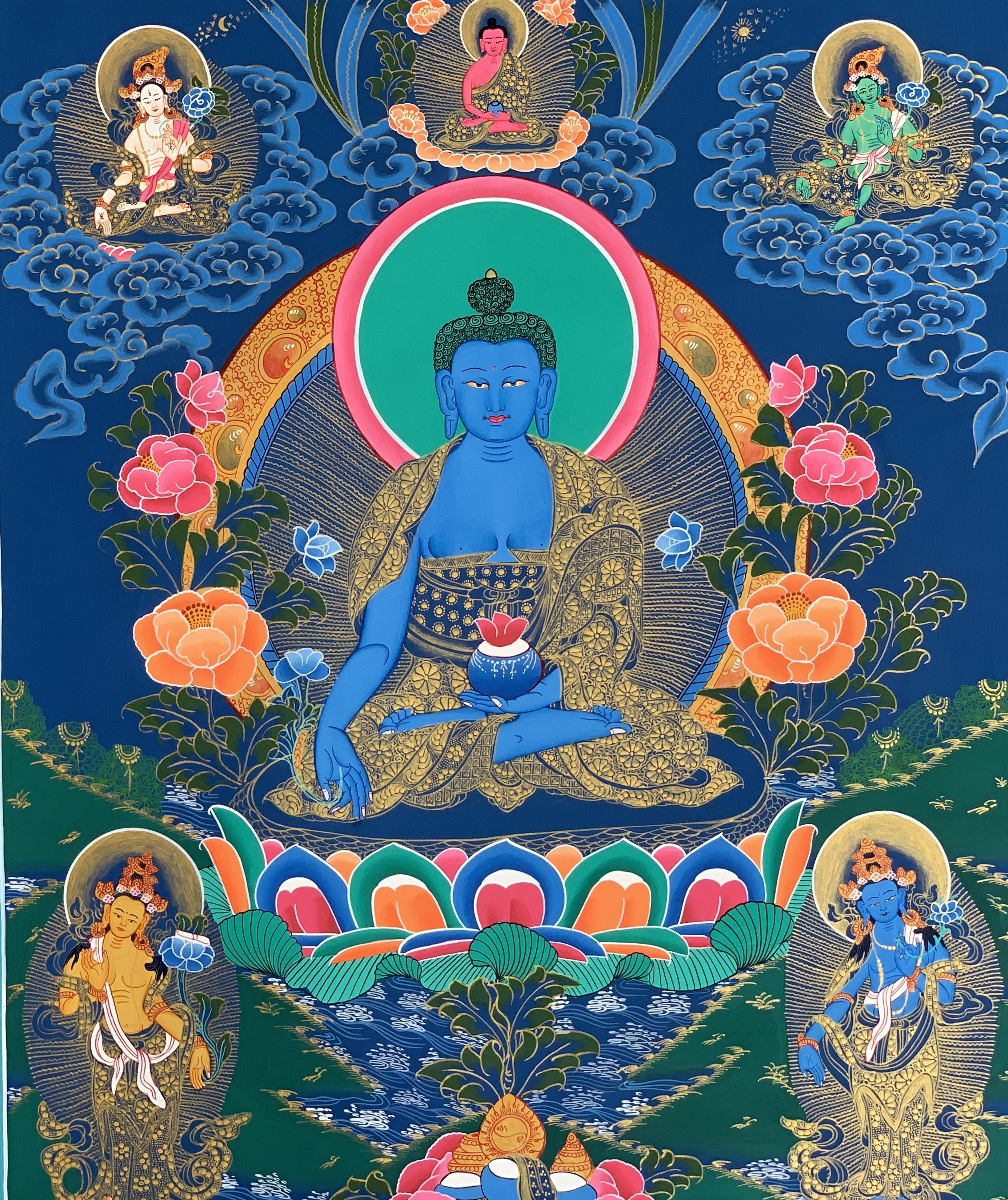 Hand-Painted Medicine Buddha Tibetan Thangka, Art on Canvas, 22 x 30 Inches