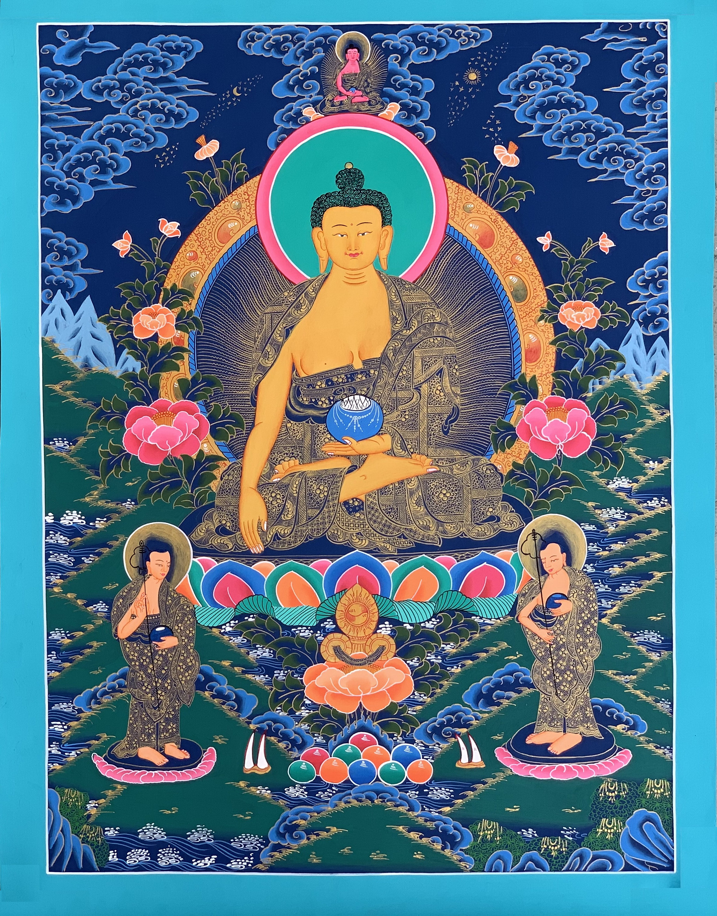 Hand-Painted Shakyamuni Buddha Tibetan Thangka Art on Canvas 22 x 30 Inches
