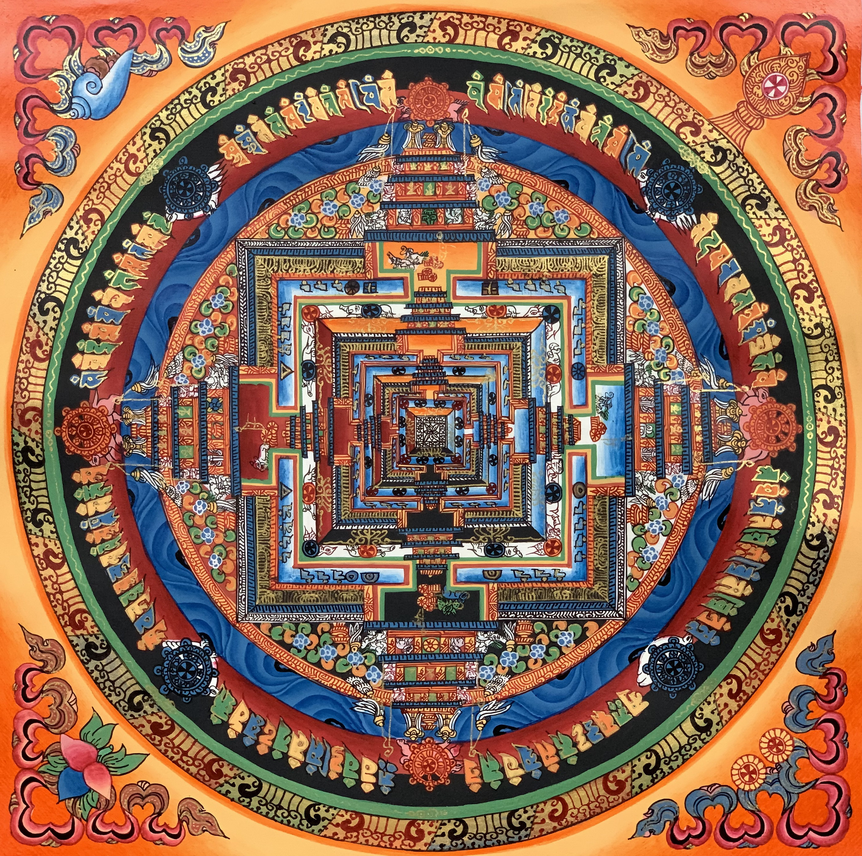 Hand-Painted Kalachakra Mandala Tibetan Thangka, Art on Canvas 13 x 13 Inches