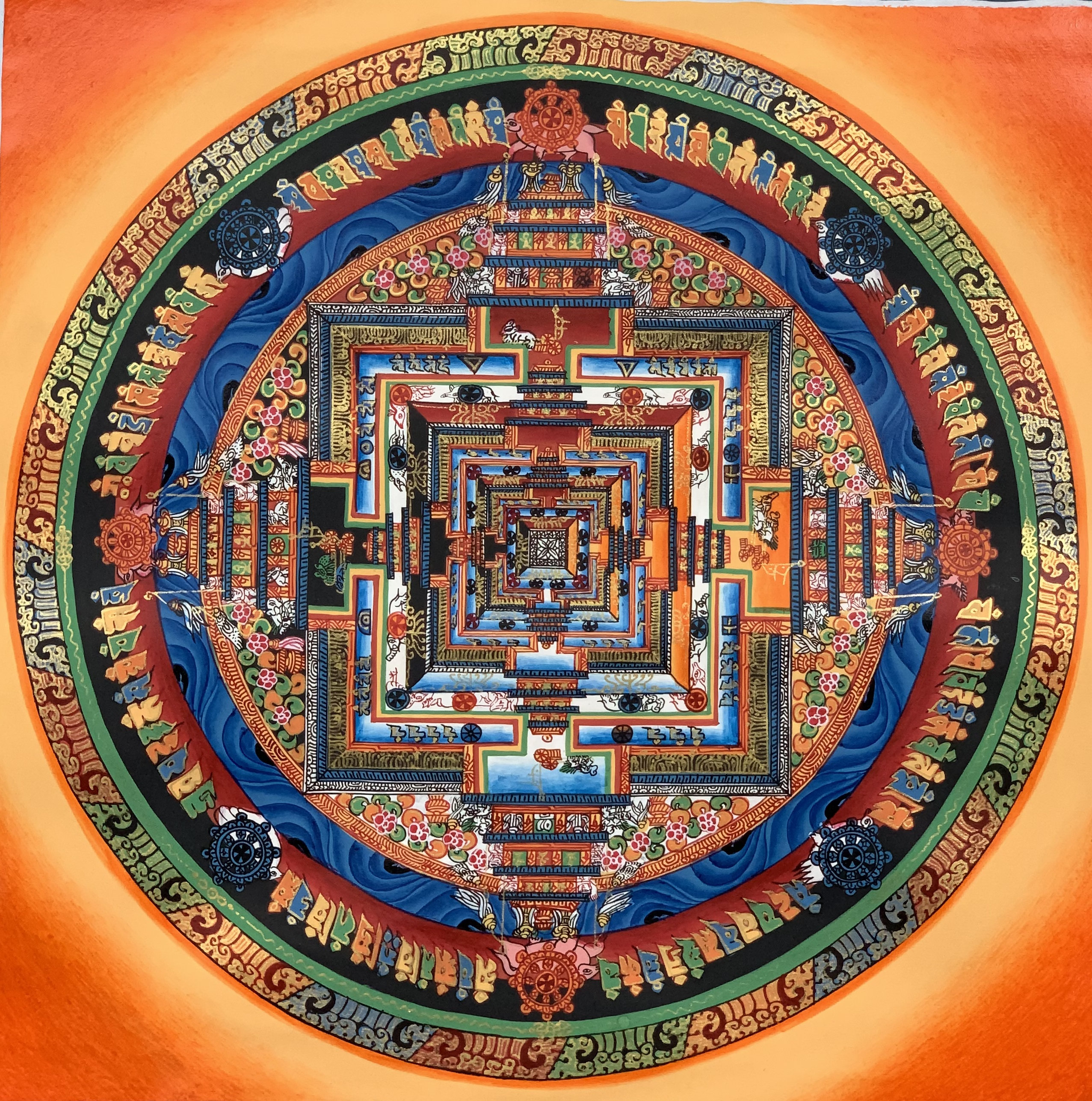Hand-Painted Kalachakra Mandala Tibetan Thangka Art on Canvas, 12 x 12 Inches