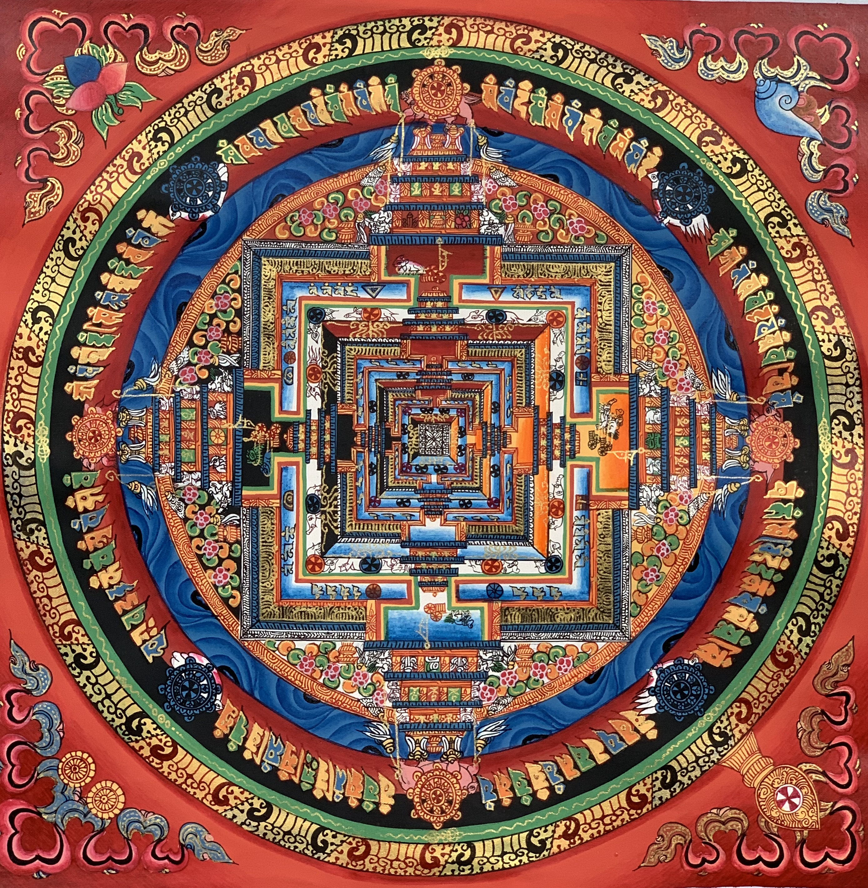 Hand-Painted Kalachakra Mandala Tibetan Thangka Art on Canvas, 12 x 12 Inches