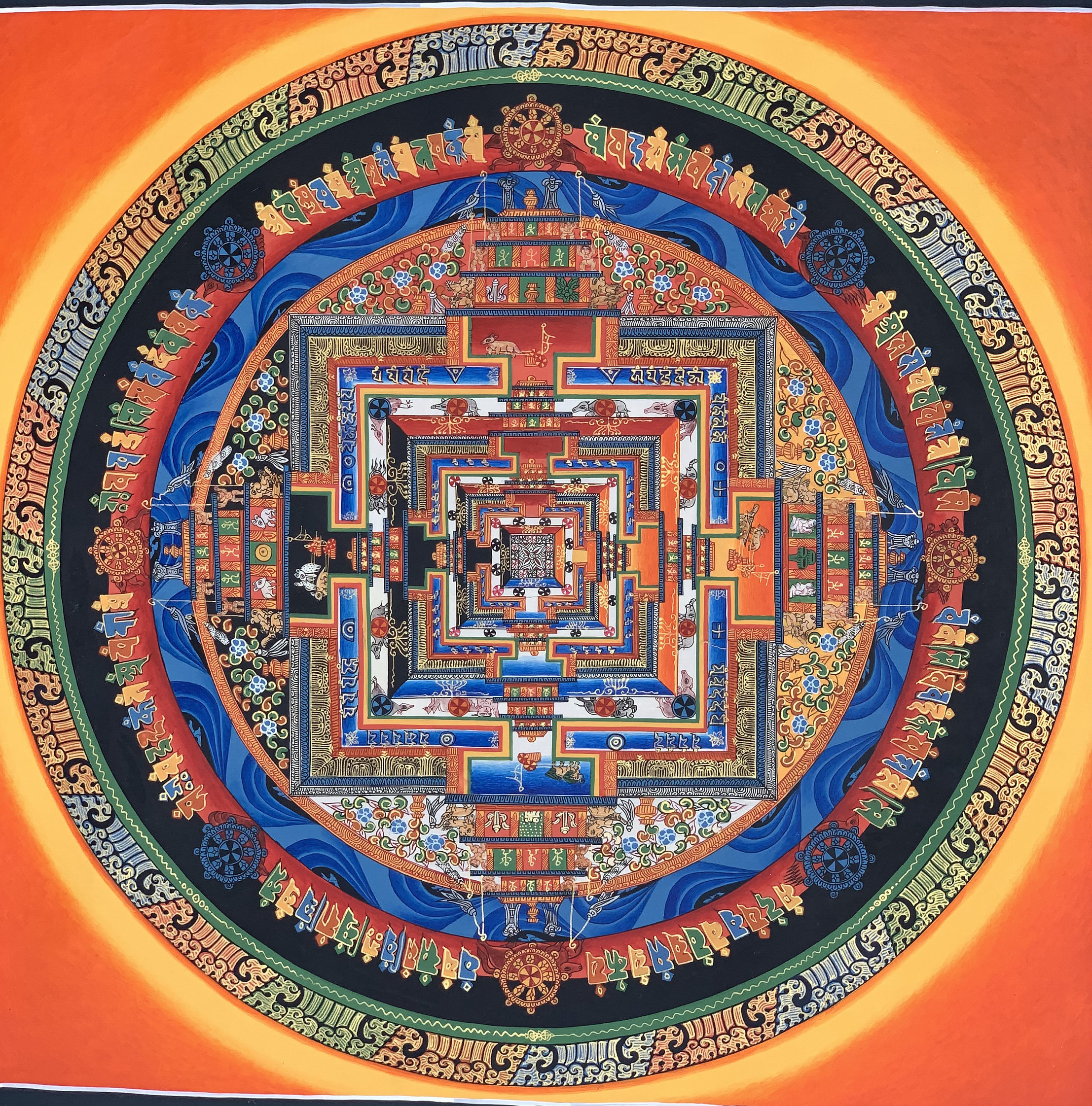 Hand-Painted Kalachakra Mandala Tibetan Thangka Art on Canvas 17 x 17 Inches