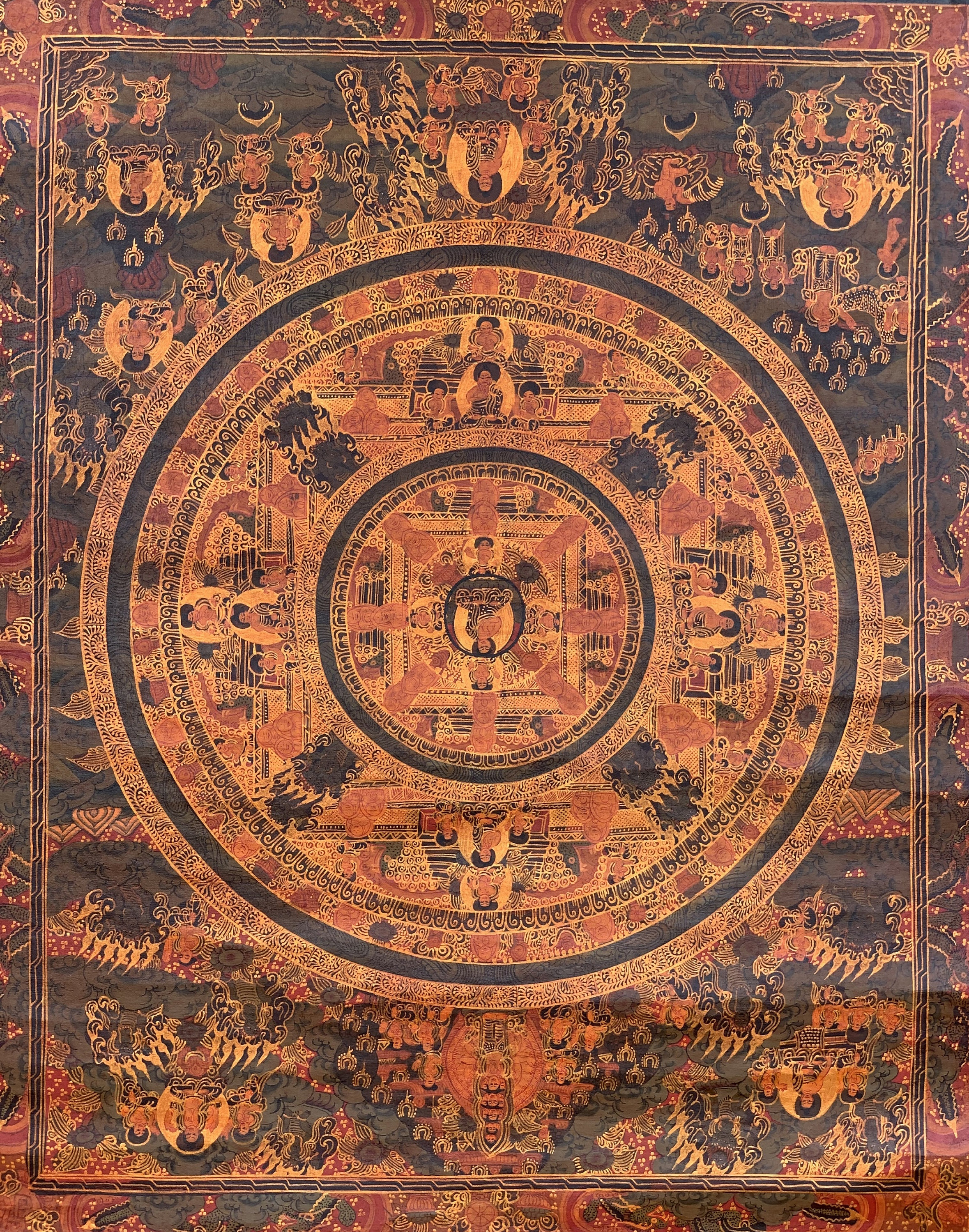 Hand-Painted Buddha Life Mandala Tibetan Thangka Art on Canvas, 21 x 27 Inches