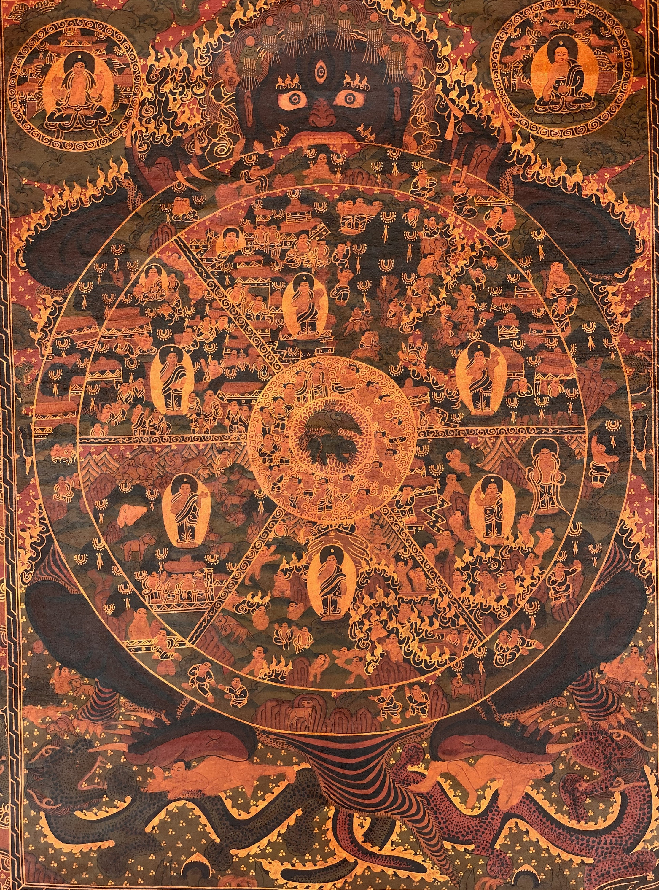 Hand-Painted Bhavachakra, Wheel of Life, Tibetan Thangka Art on Canvas 20 x 26 Inches