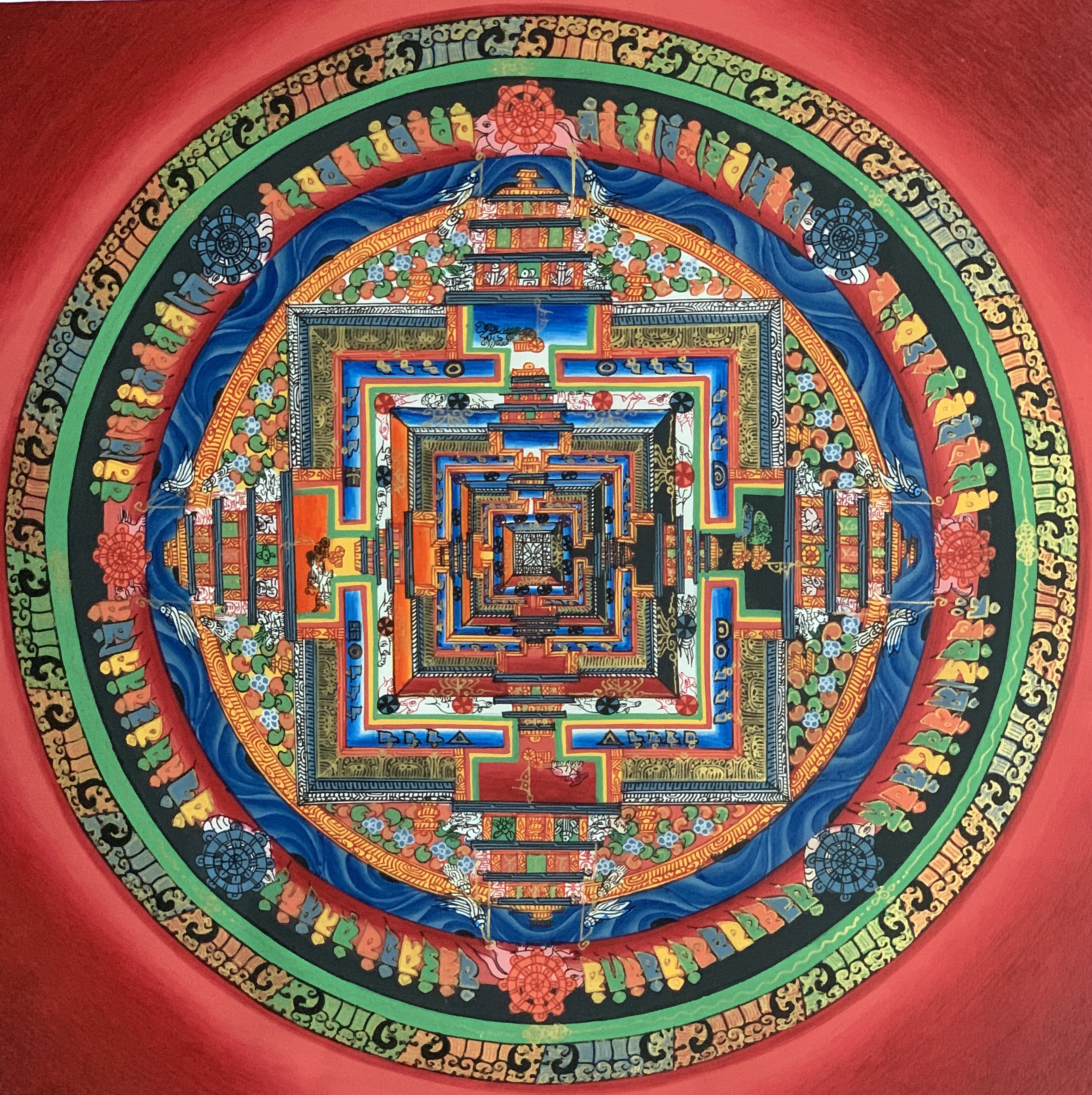 Hand-Painted Kalachakra Mandala Tibetan Thangka Art on Canvas 12 x 12 Inches