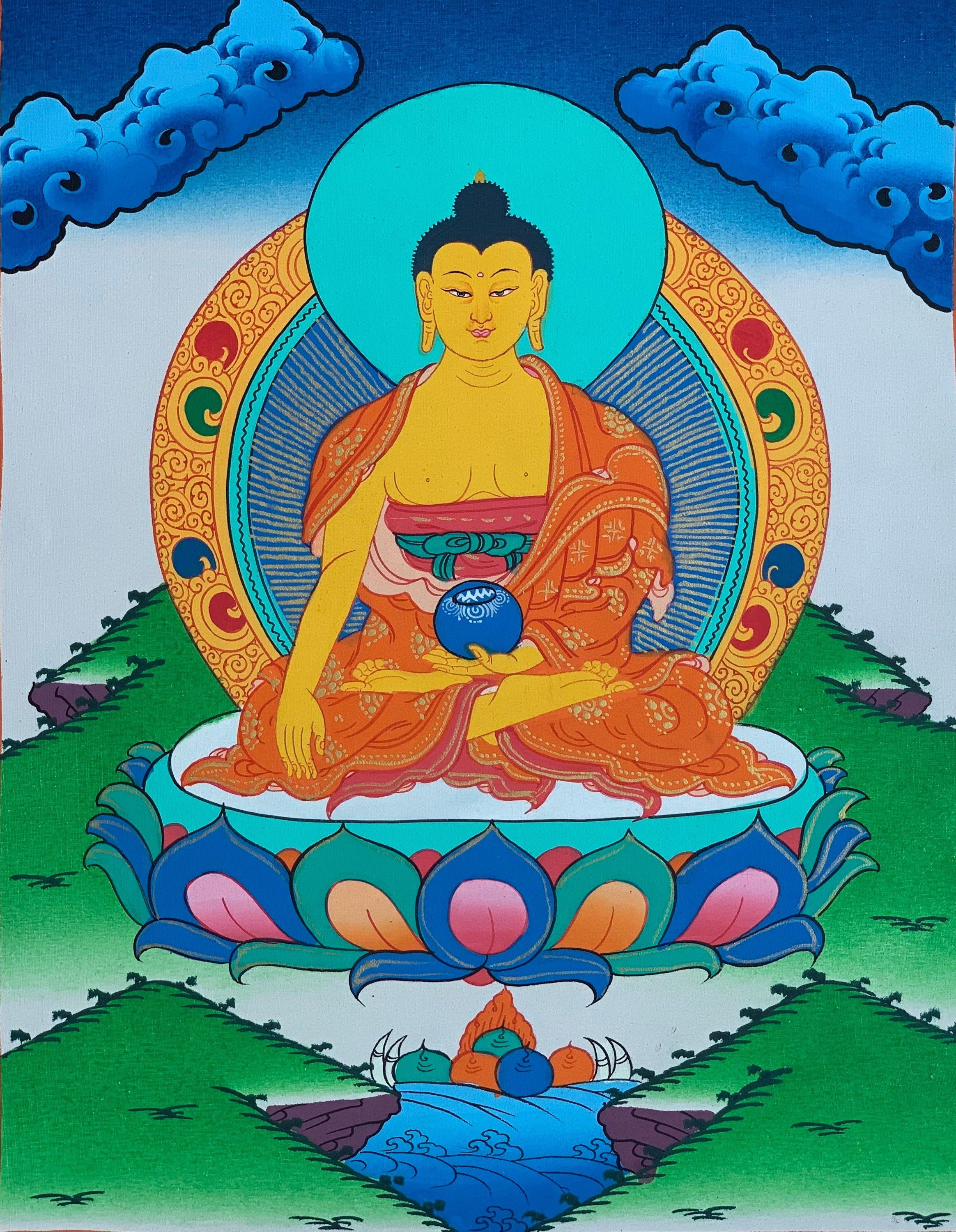 Hand-Painted Shakyamuni Buddha Tibetan Thangka Art on Canvas, 12 x 15 Inches