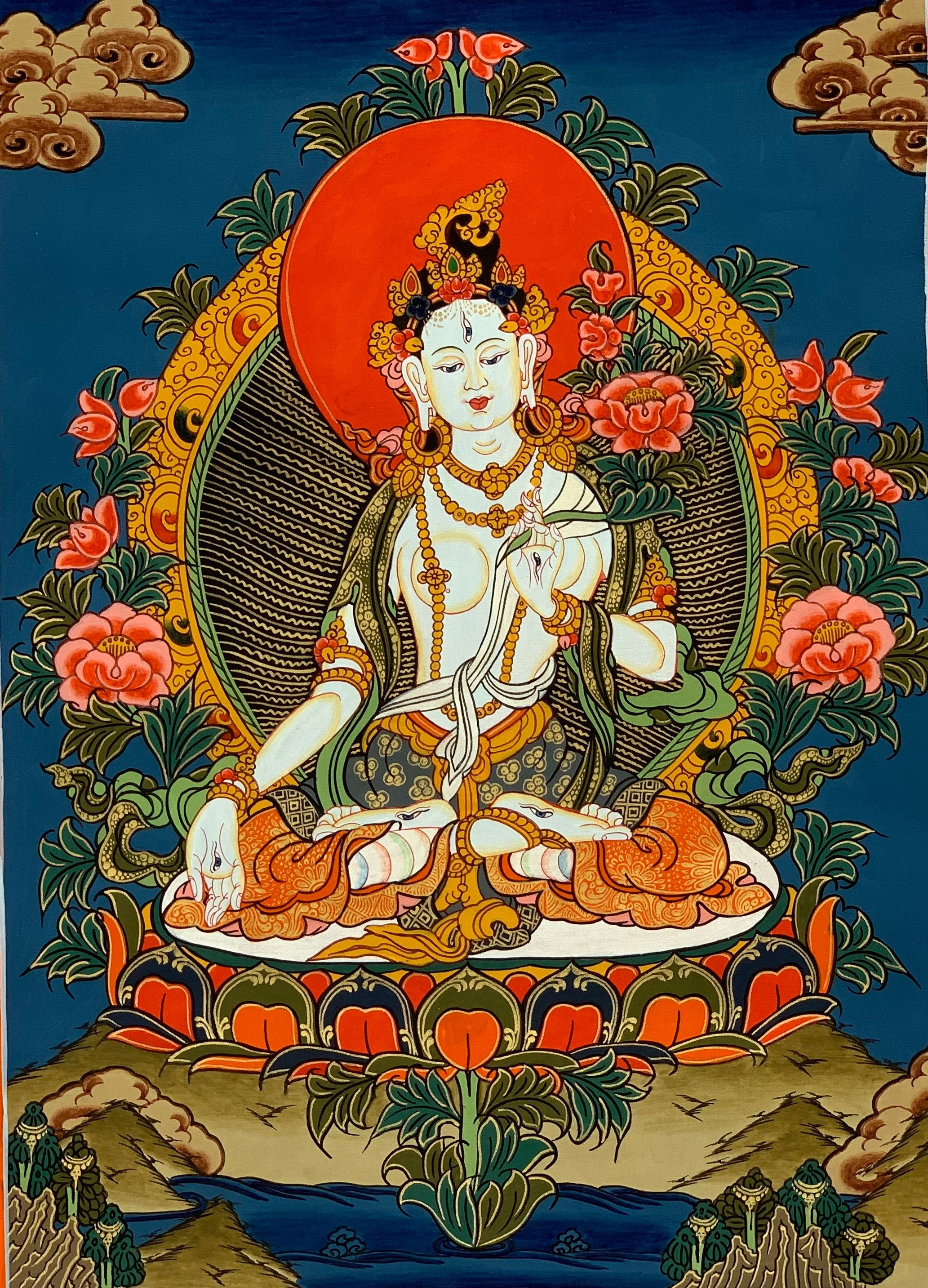 Hand-Painted White Tara Tibetan Thangka Painting Art on Canvas 12 x 16 Inches