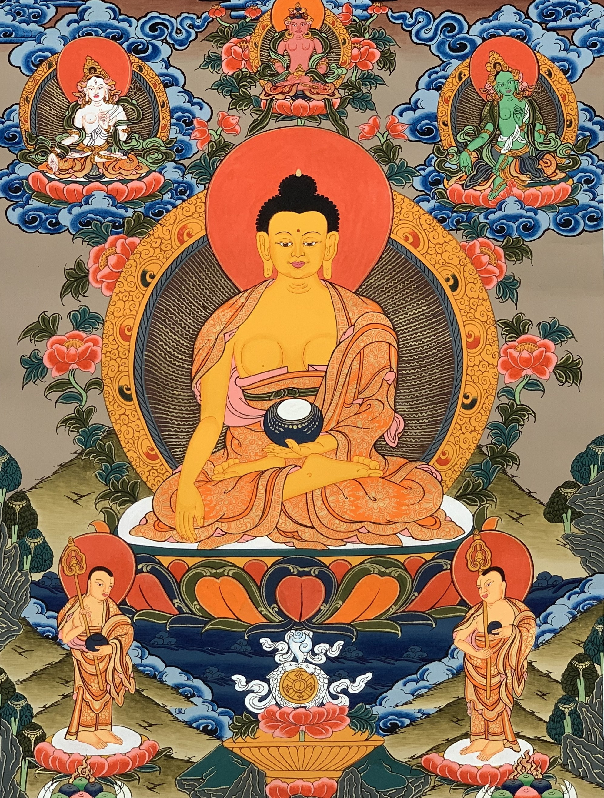 Hand-Painted Shakyamuni Buddha Tibetan Thangka Art on Canvas, 16 x 21 Inches