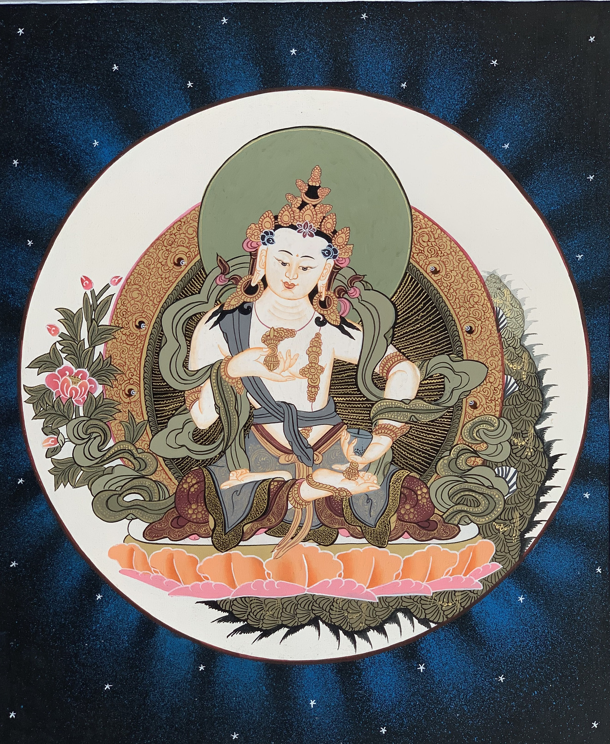 Hand-Painted Vajrasattva Tibetan Thangka Art on Canvas, 13 x 15 Inches