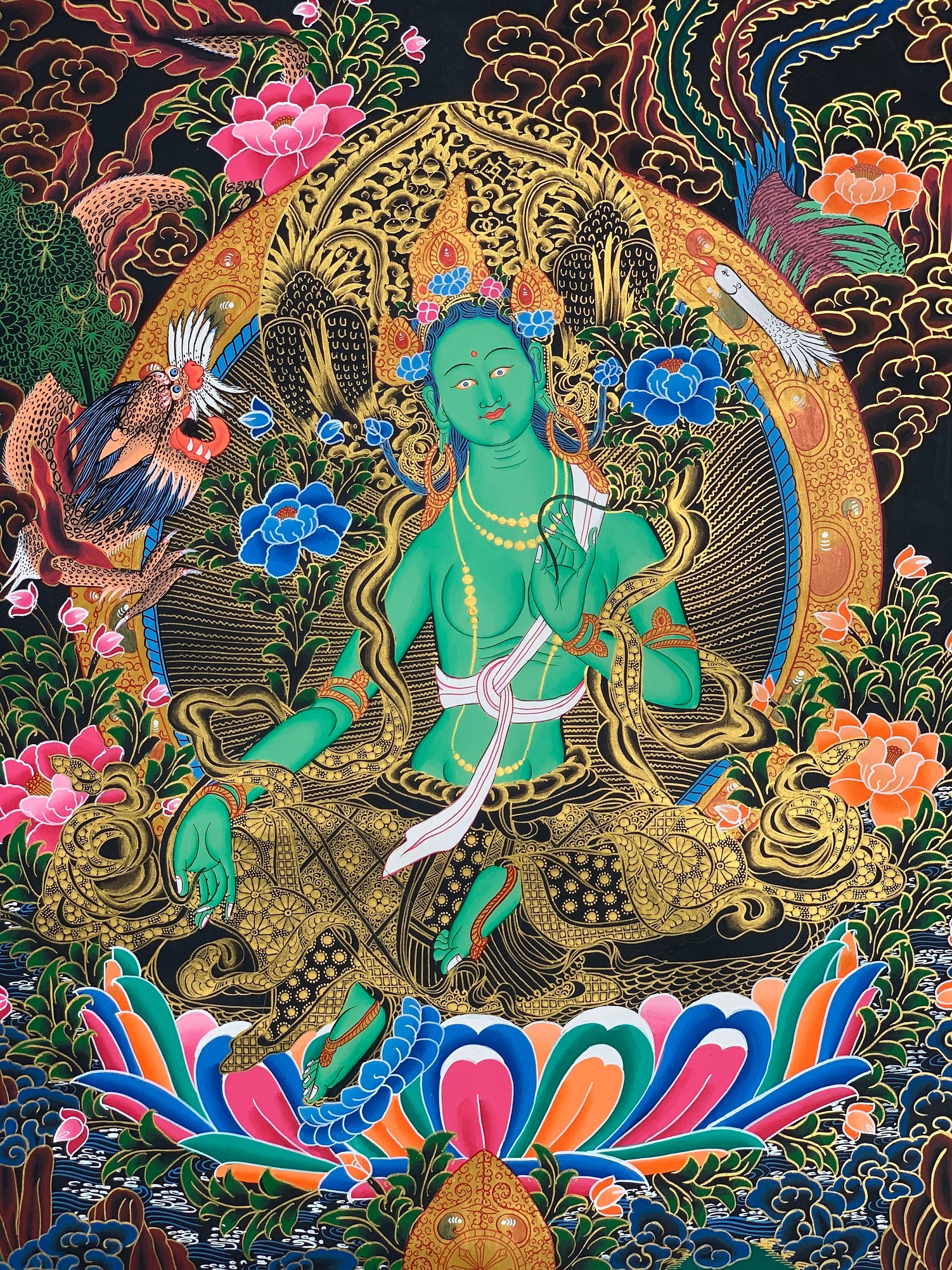 Hand-Painted Green Tara Tibetan Thangka Art on Canvas, 22 x 30 Inches