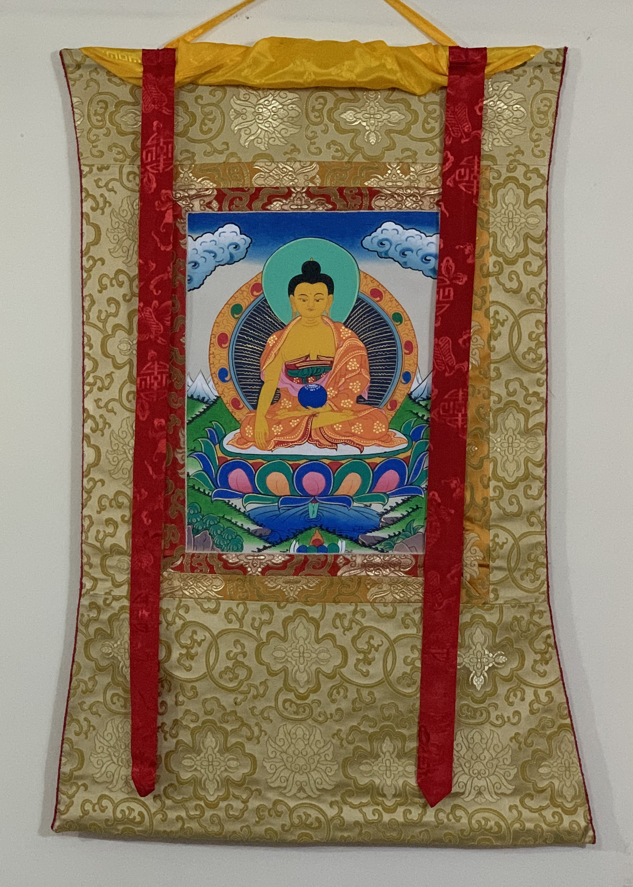 Hand-Painted Shakyamuni Buddha Tibetan Thangka Art in Silk Brocade 12x15 Inches (30x38 cm)
