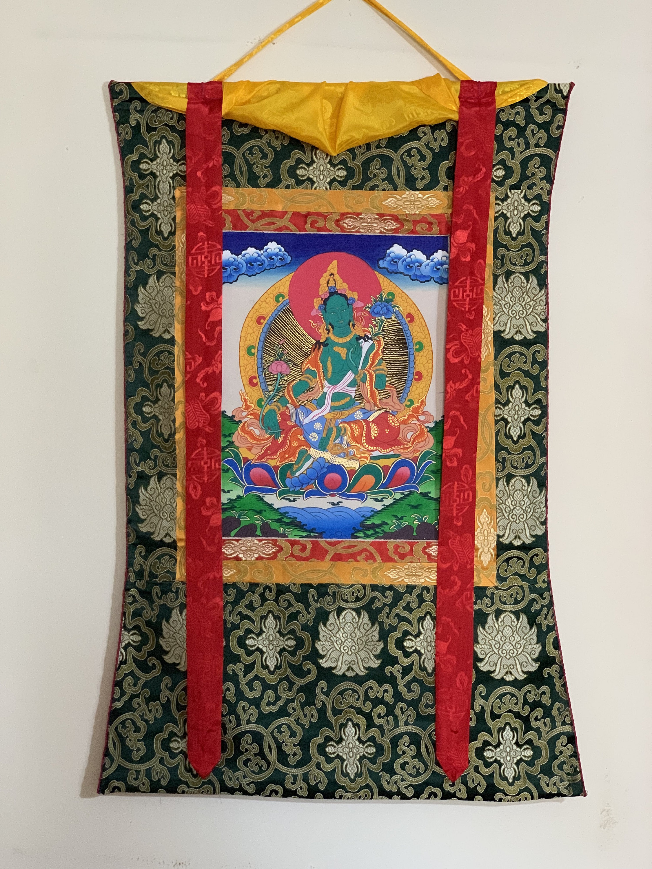 Hand-Painted Green Tara Tibetan Thangka Art in Silk Brocade
