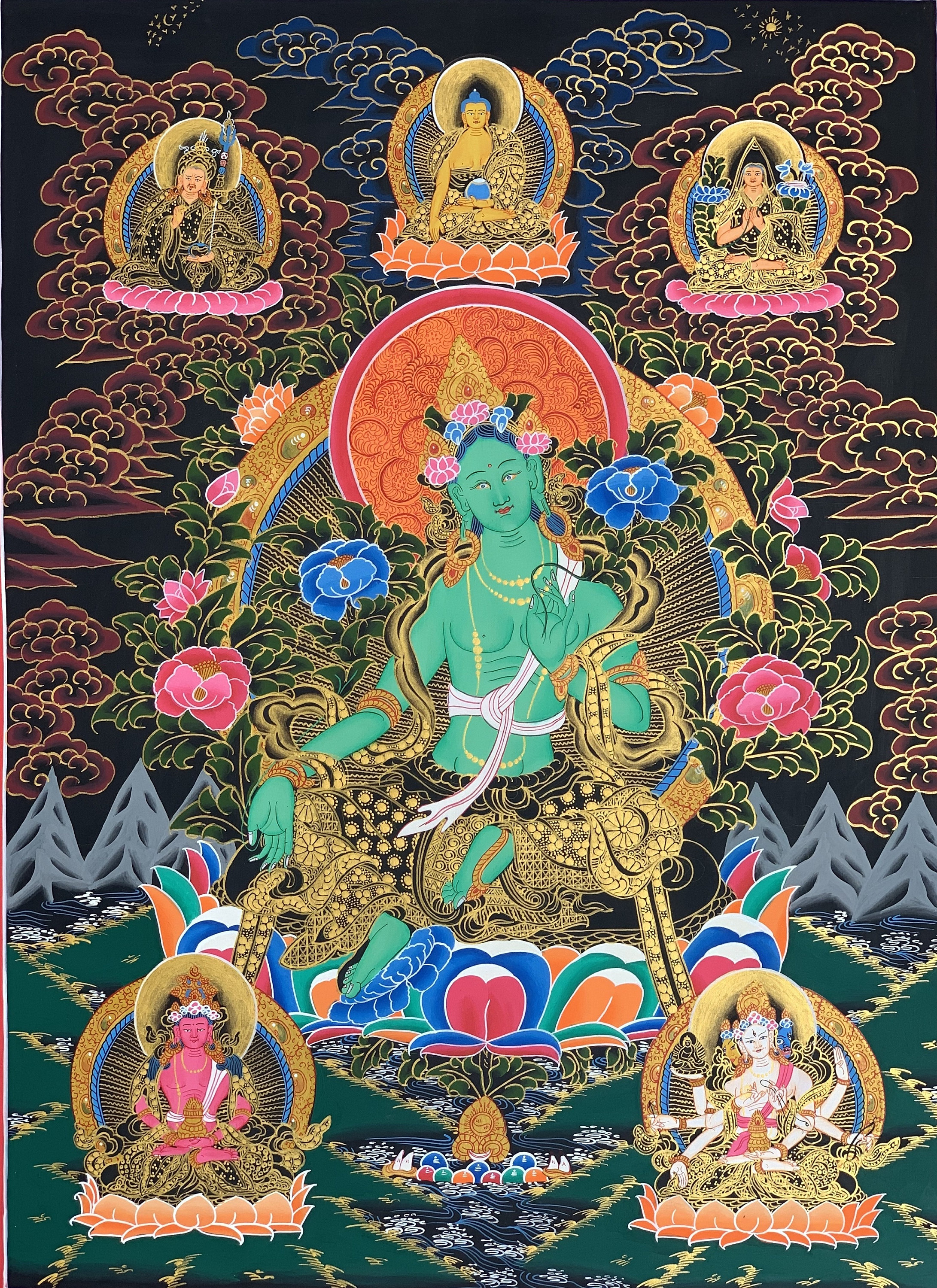 Hand-Painted Green Tara Tibetan Thangka Art on Canvas, 21 x 28 Inches