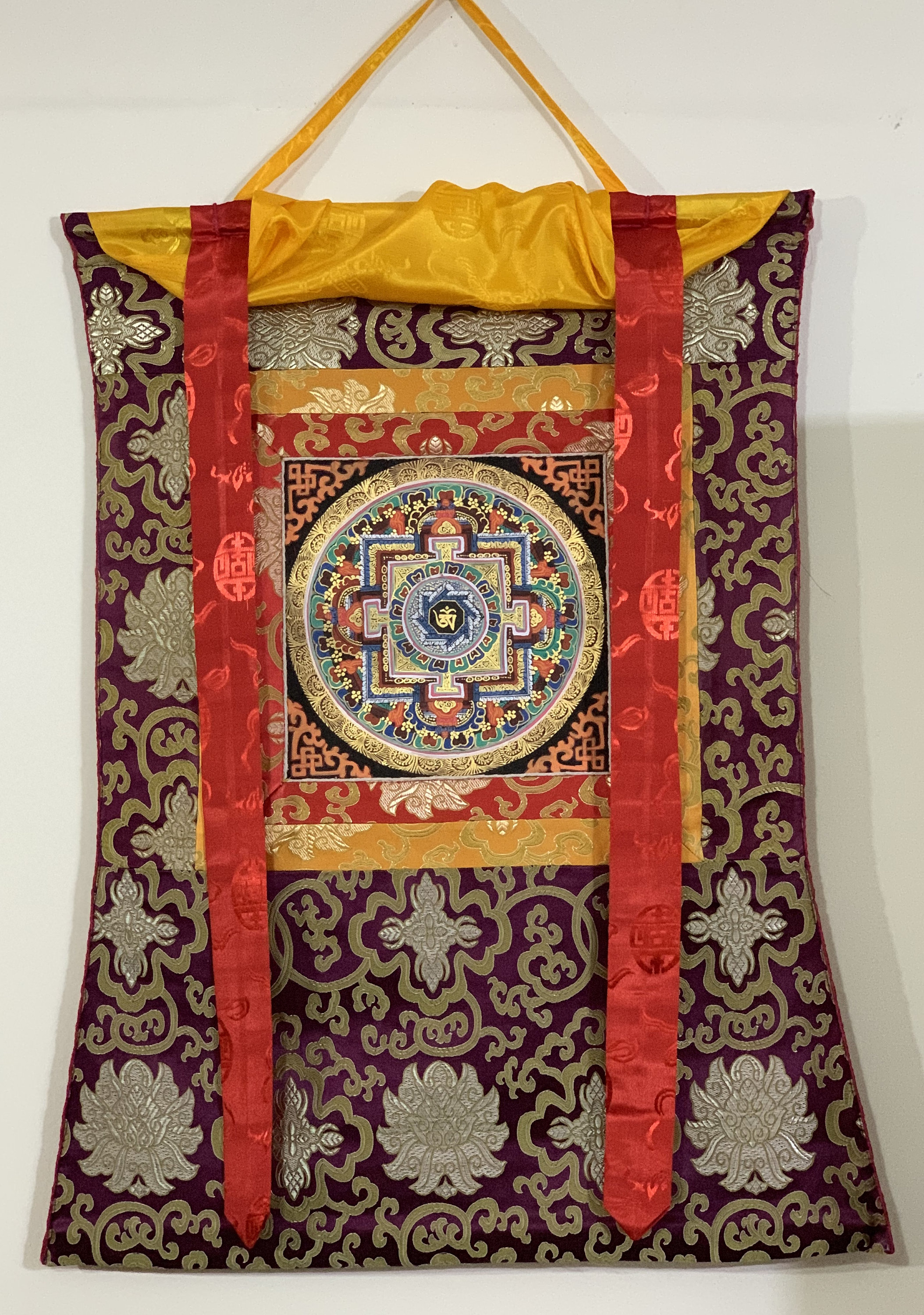Hand-Painted Om Lotus Mandala Thangka Art  in Silk Brocade