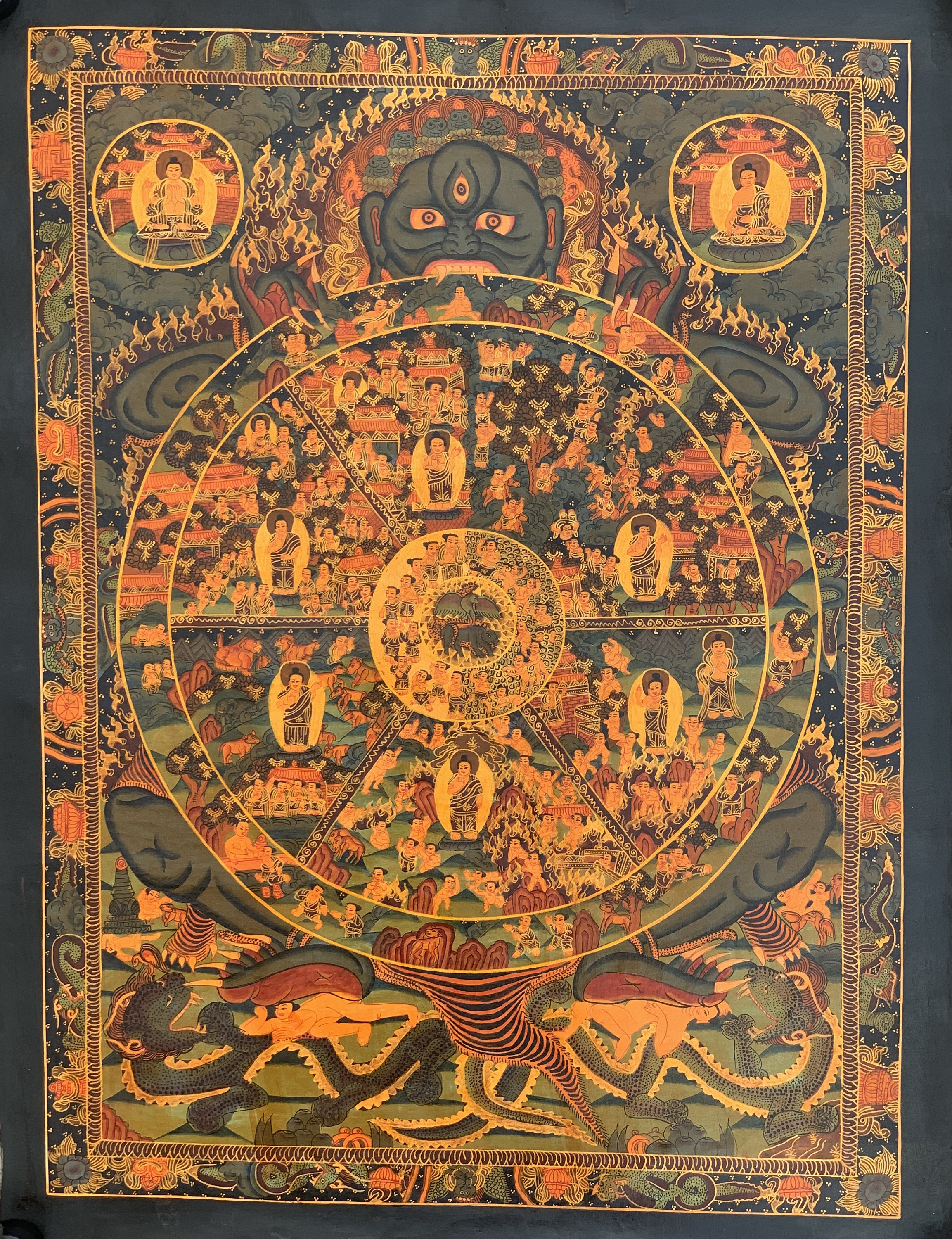Hand-Painted Bhavachakra Wheel of Life Tibetan Thangka Art on Canvas, 20 x 26 Inches