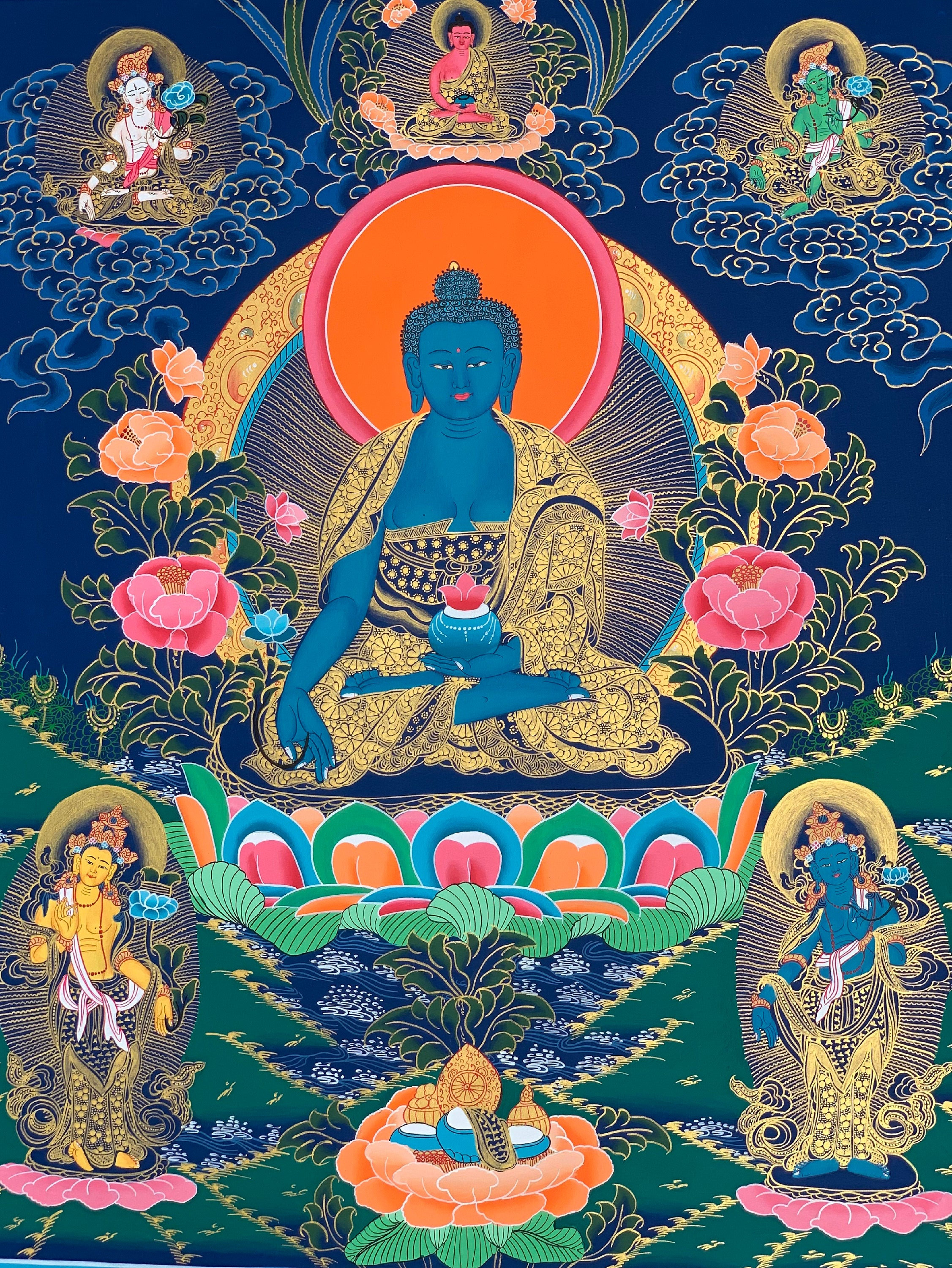 Hand-Painted Medicine Buddha Tibetan Thangka Art on Canvas,  22 x 30 Inches