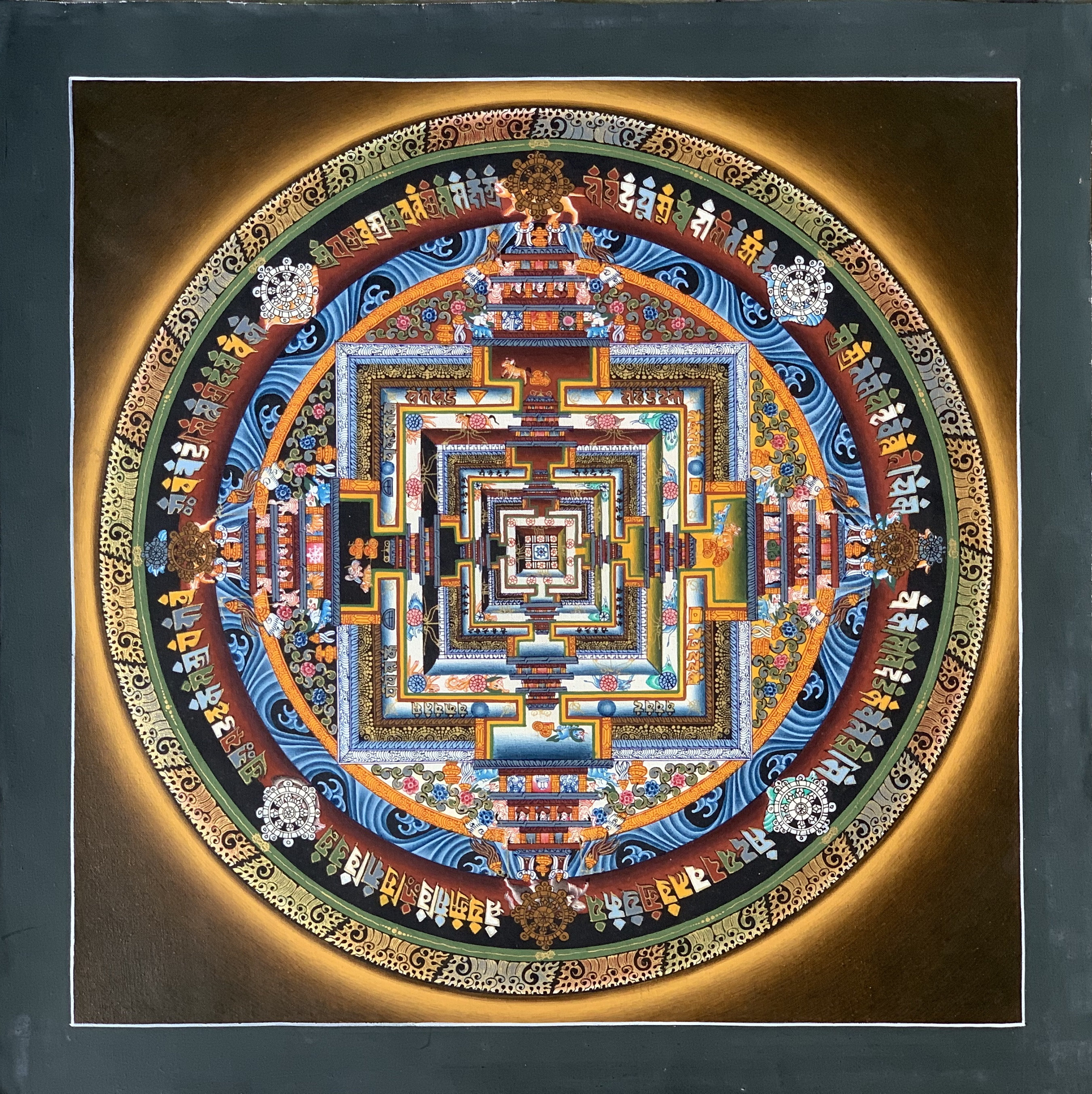 Hand-Painted Kalachakra Mandala Tibetan Thangka Art on Canvas  14 x 14 Inches