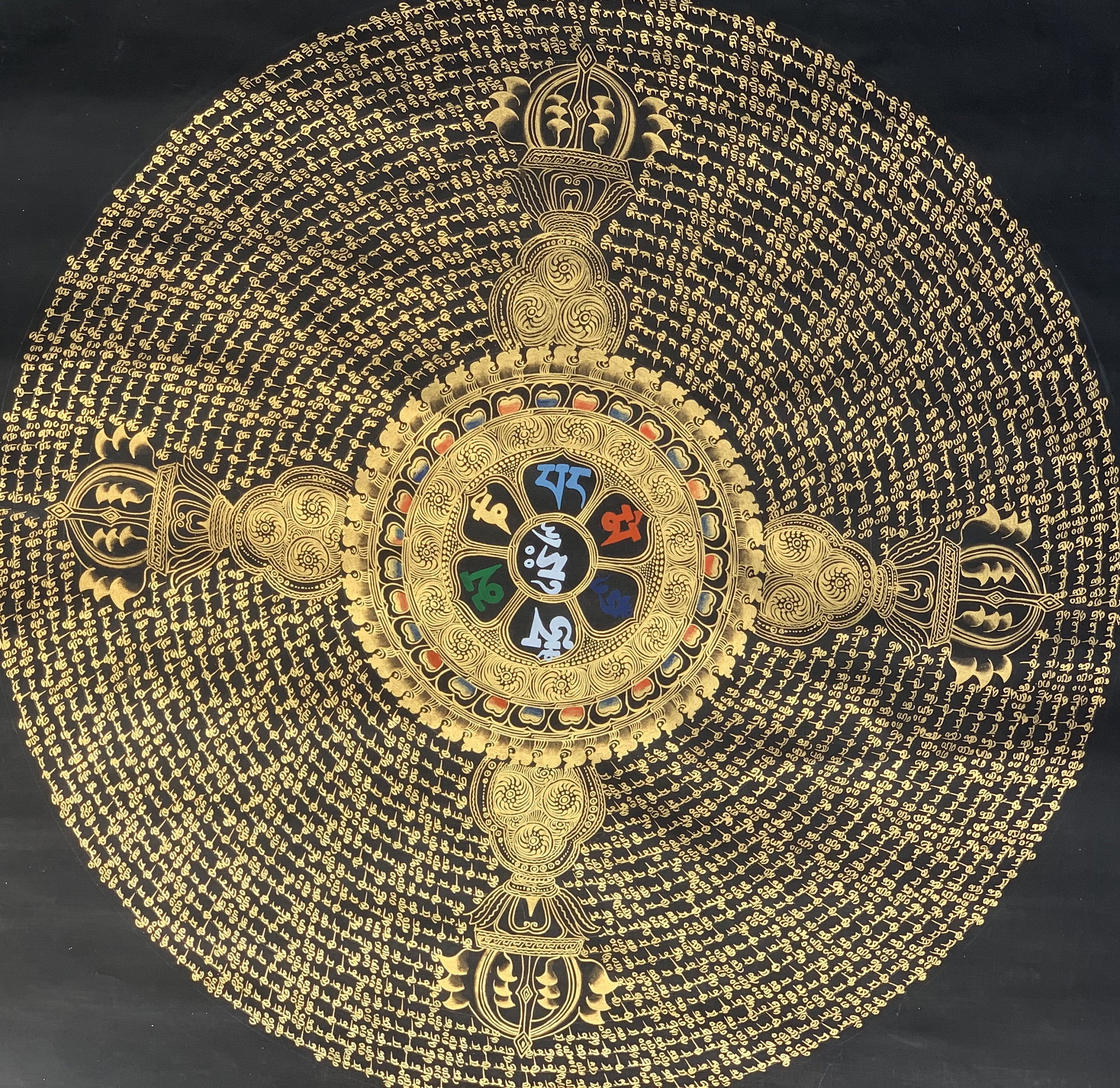 Hand-Painted Om Mantra and Vajra Mandala Tibetan Thangka Art on Canvas, 30 x 30 Inches