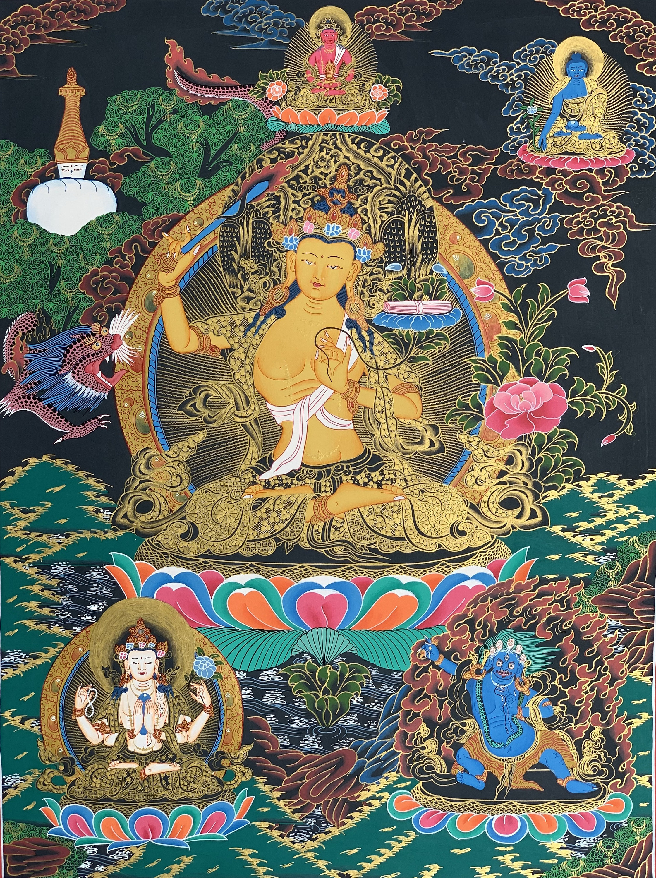 Hand-Painted Manjushree God of Wisdom Tibetan Thangka Art on Canvas 22 x 29 Inches