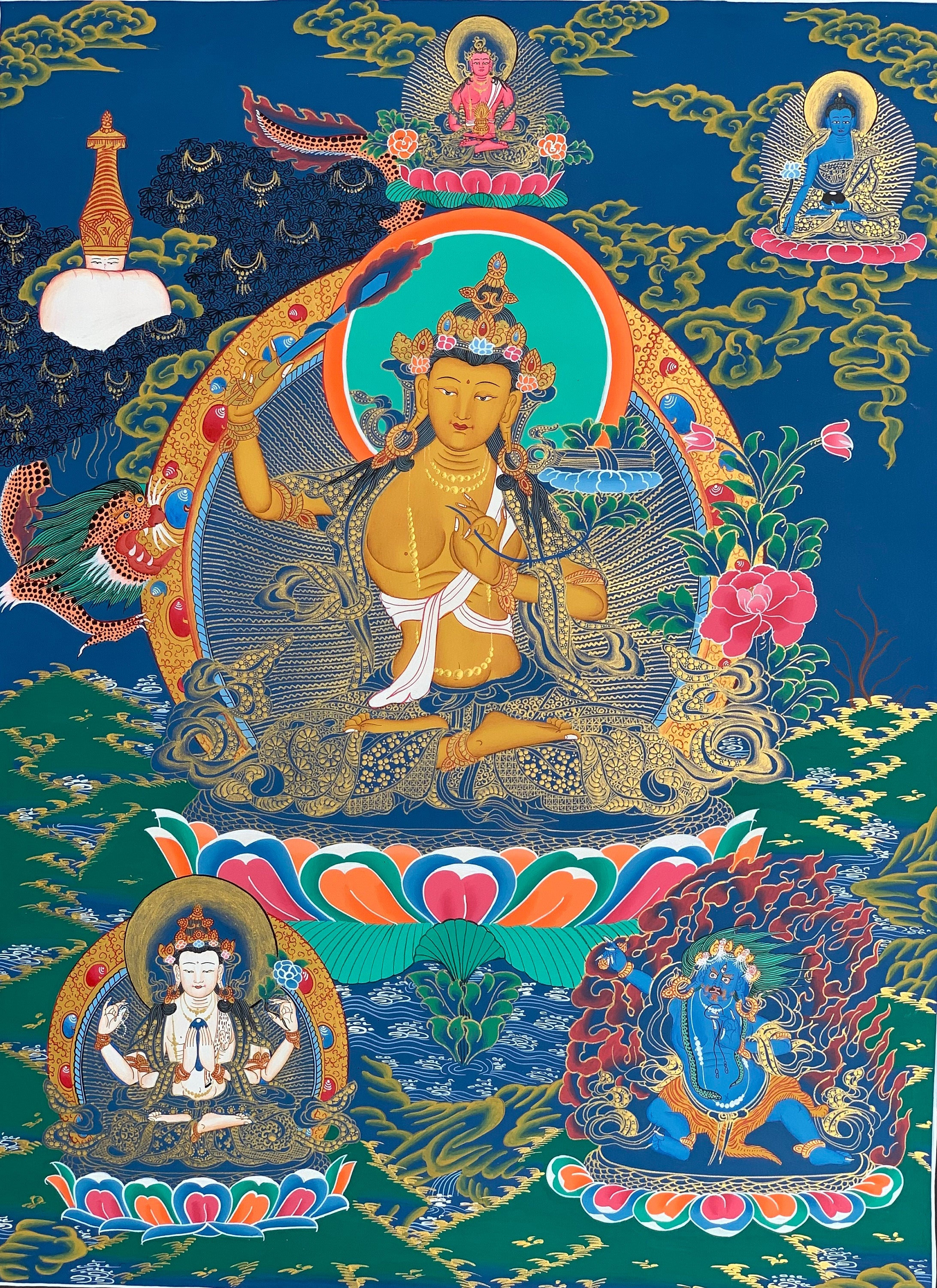 Hand-Painted Manjushree God of Wisdom Tibetan Thangka Art on Canvas, 22x28 Inches