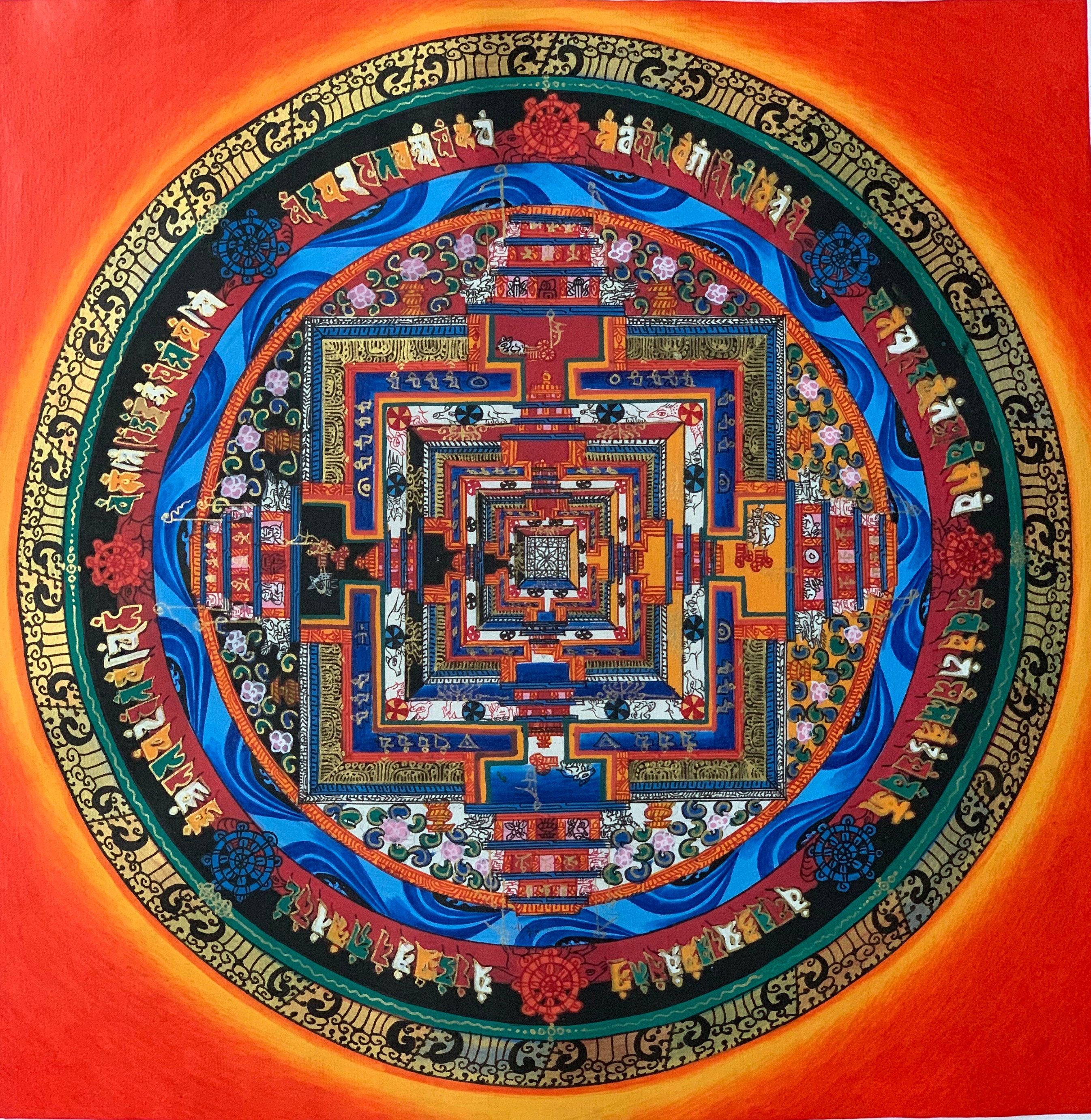 Hand-Painted Kalachakra Mandala Tibetan Thangka Art on Canvas 12 x 12 Inches