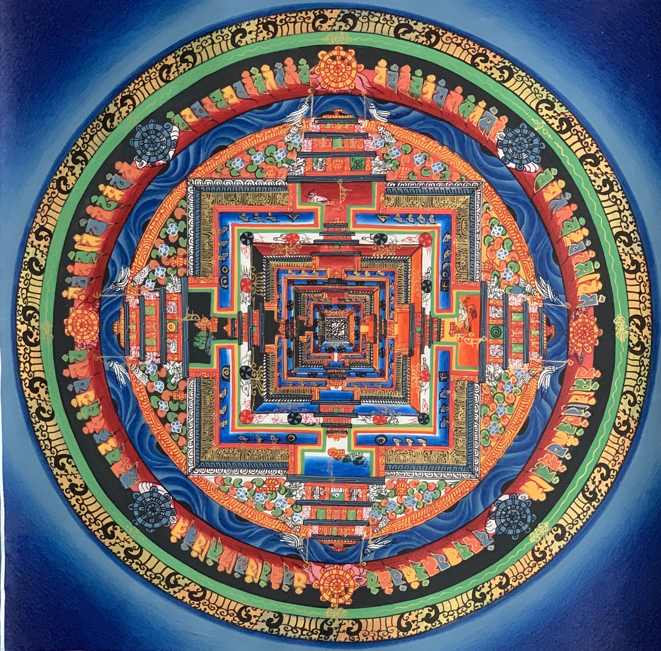 Hand-Painted Kalachakra Mandala Tibetan Thangka, Art on Canvas, 13 x 13 Inches