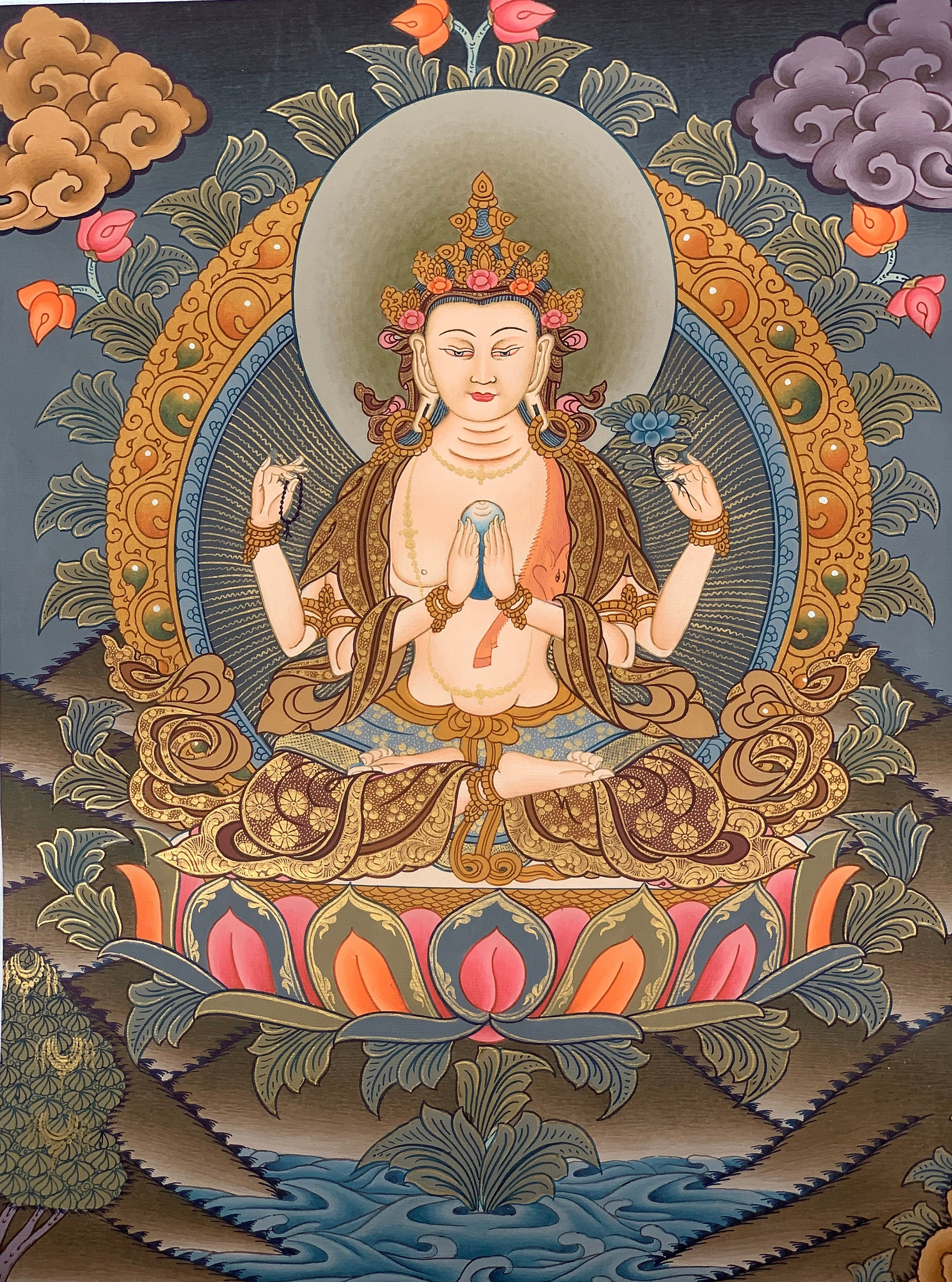 Hand-Painted Avalokiteswor Tibetan Thangka Art on Canvas, 10 x 12 Inches