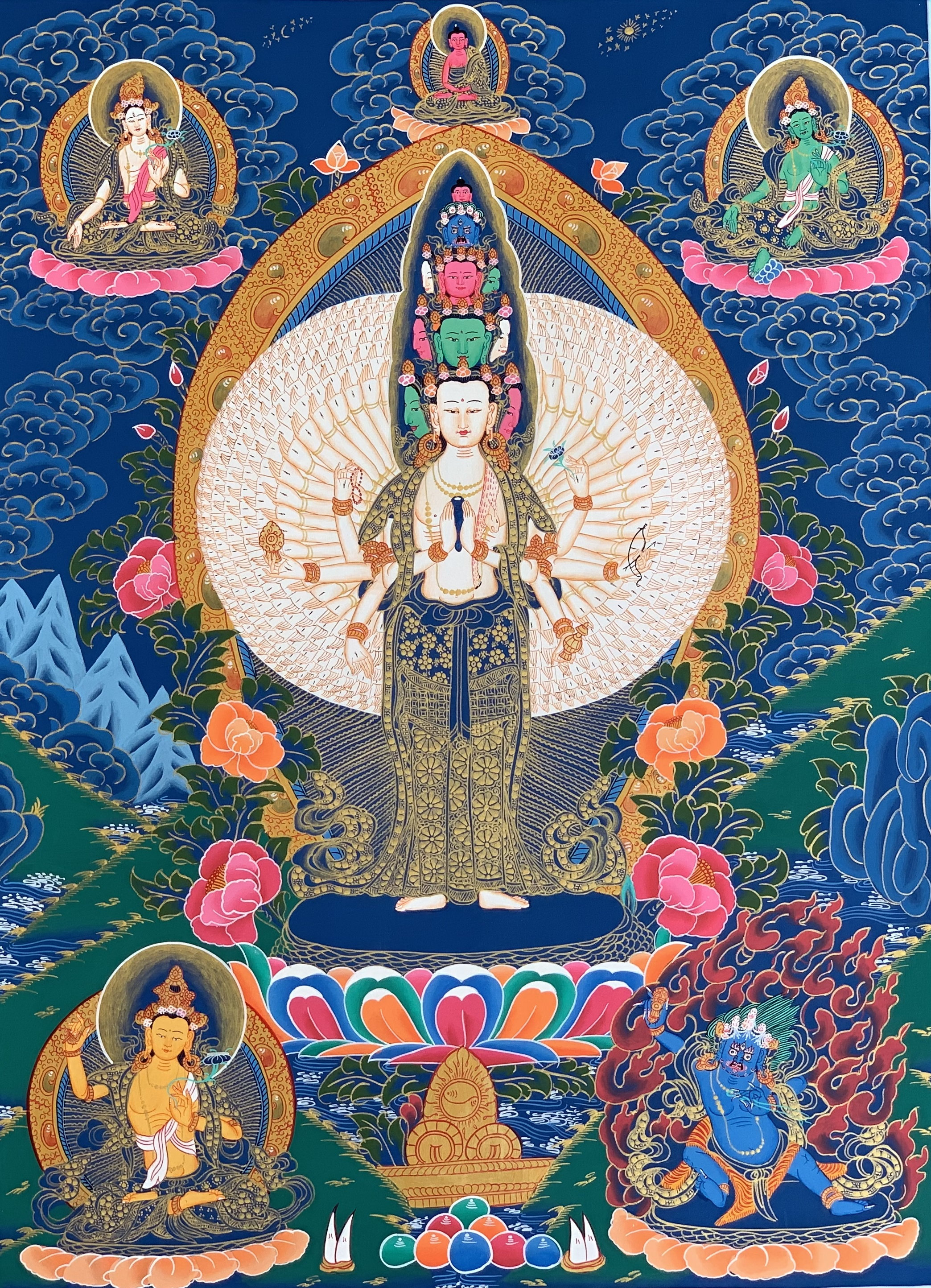 Hand-Painted 8 Armed Lokeshwor Tibetan Thangka, Art on Canvas 22 x 30 Inches