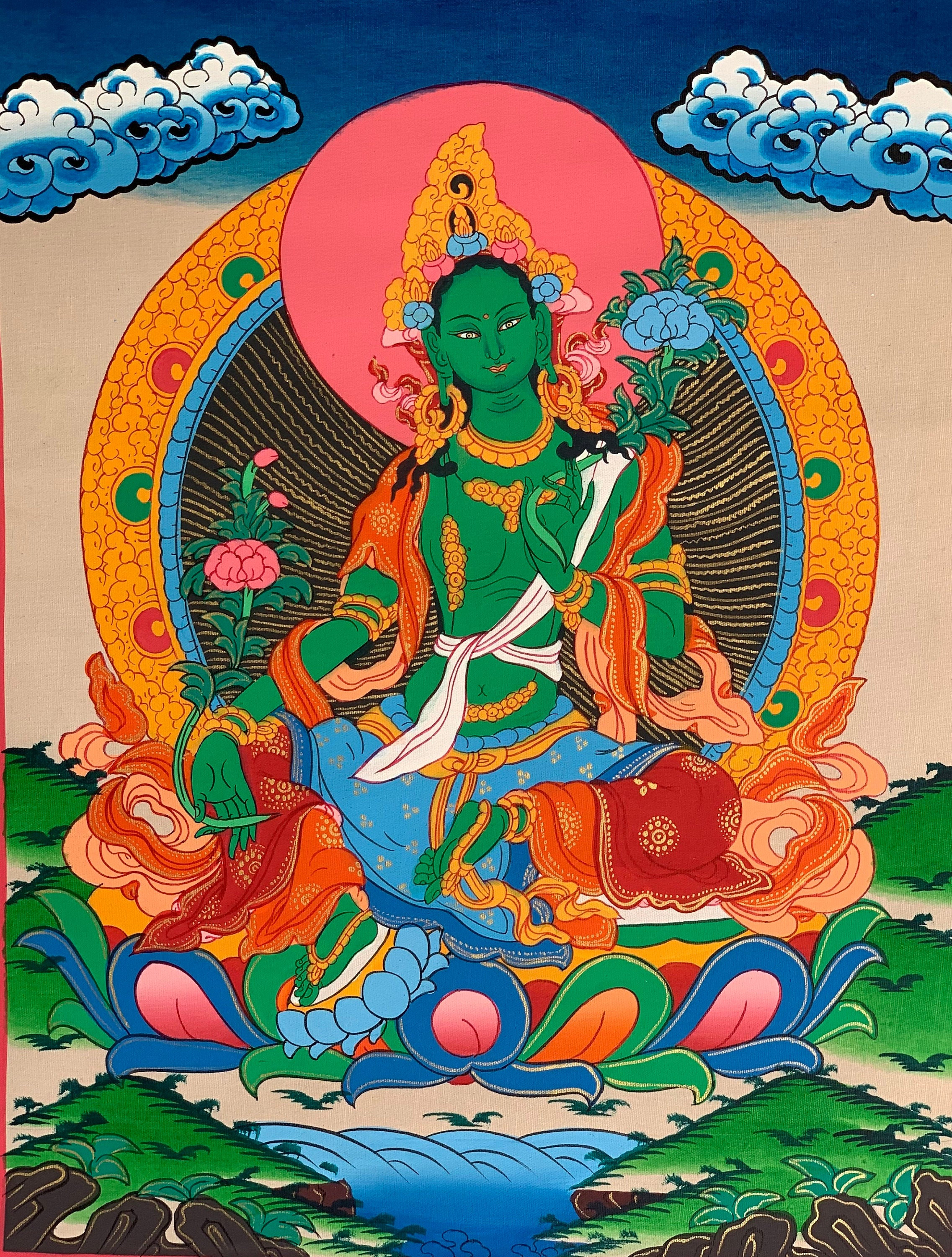 Hand-Painted Green Tara Tibetan Thangka Art on Canvas, 12 x 15 Inches