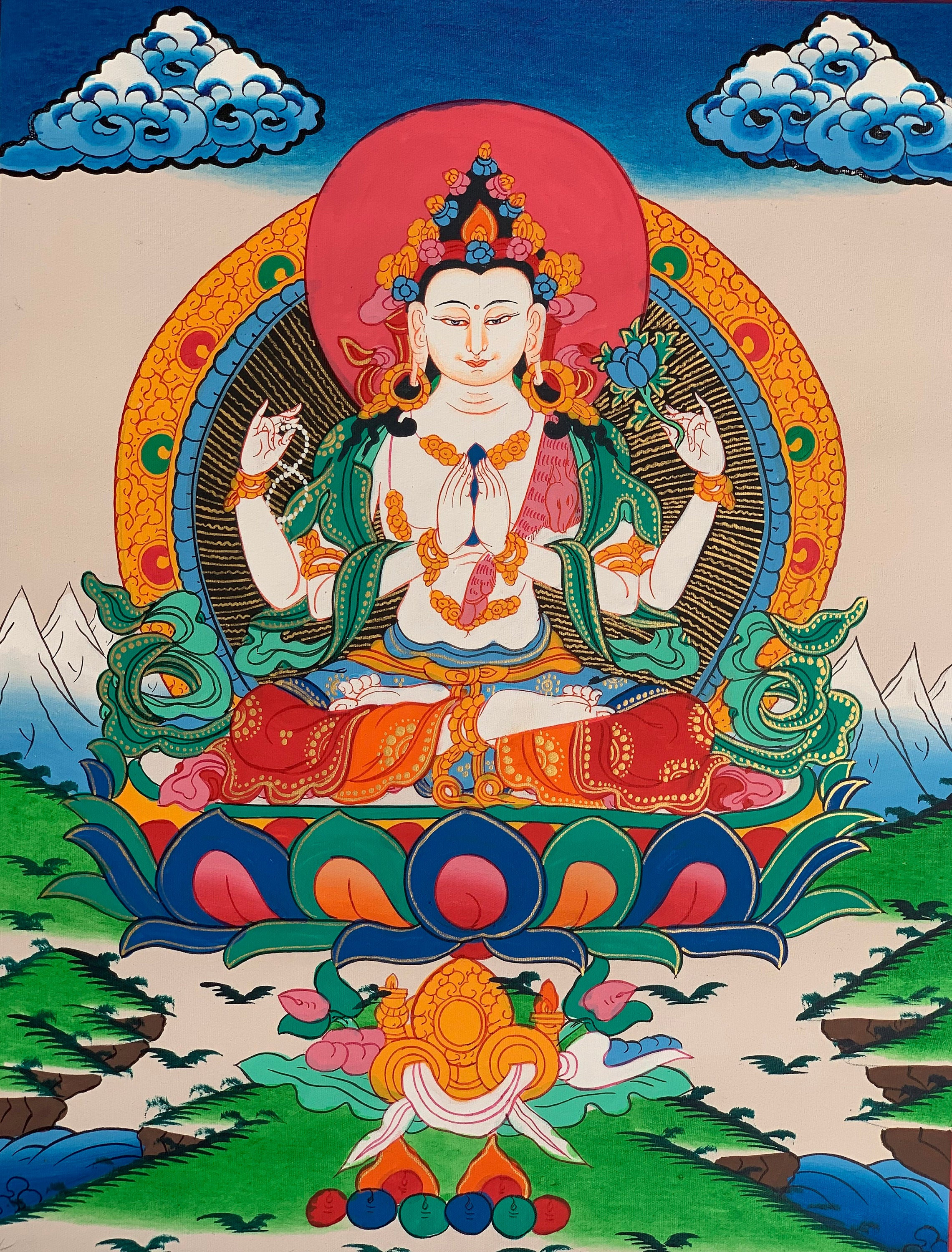 Hand-Painted Avalokitesvara Tibetan Thangka Art Painting on Canvas, 12 x 15 Inches