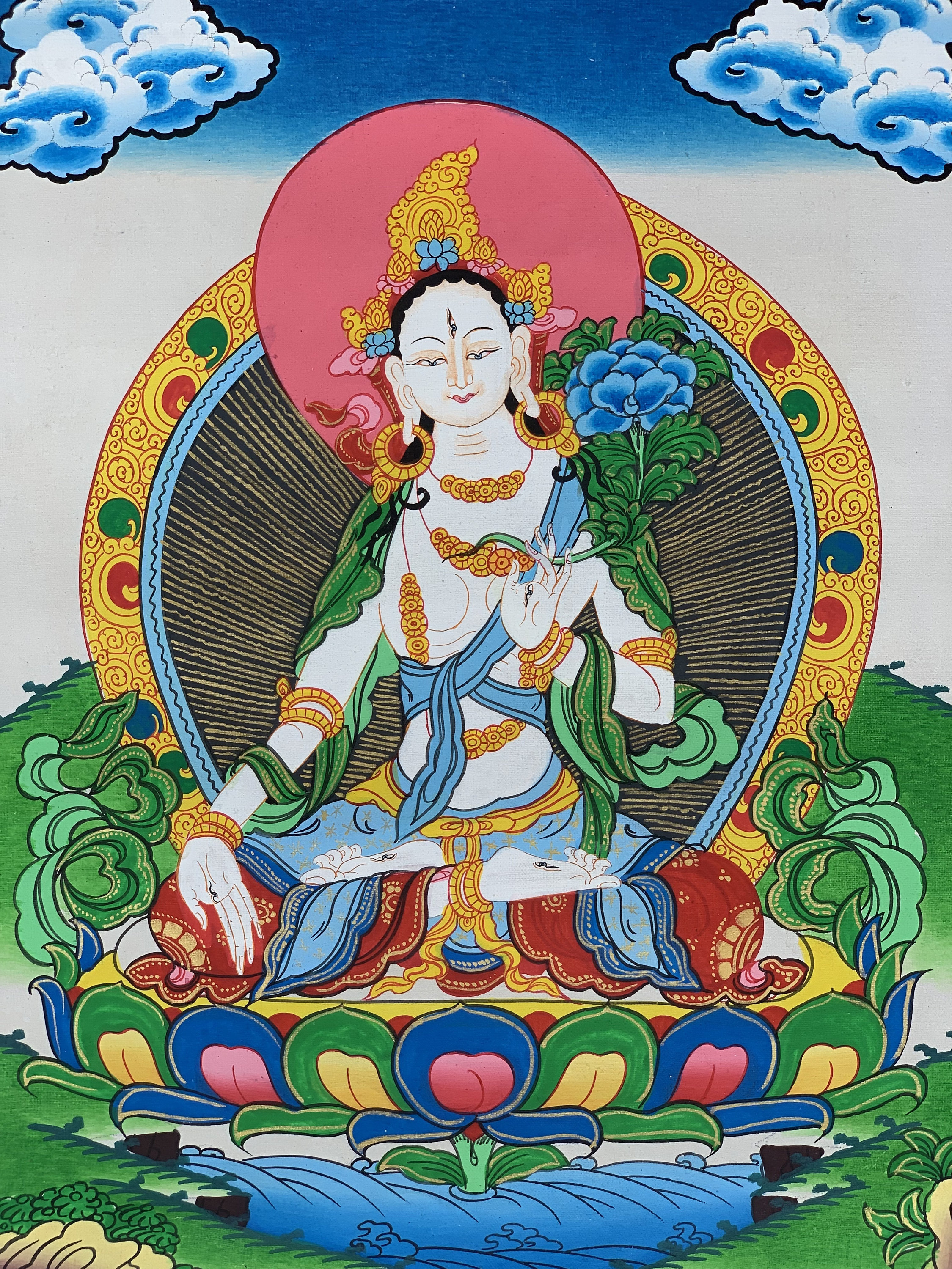 Hand-Painted White Tara Tibetan Thangka Art on Canvas, 12 x 15 Inches