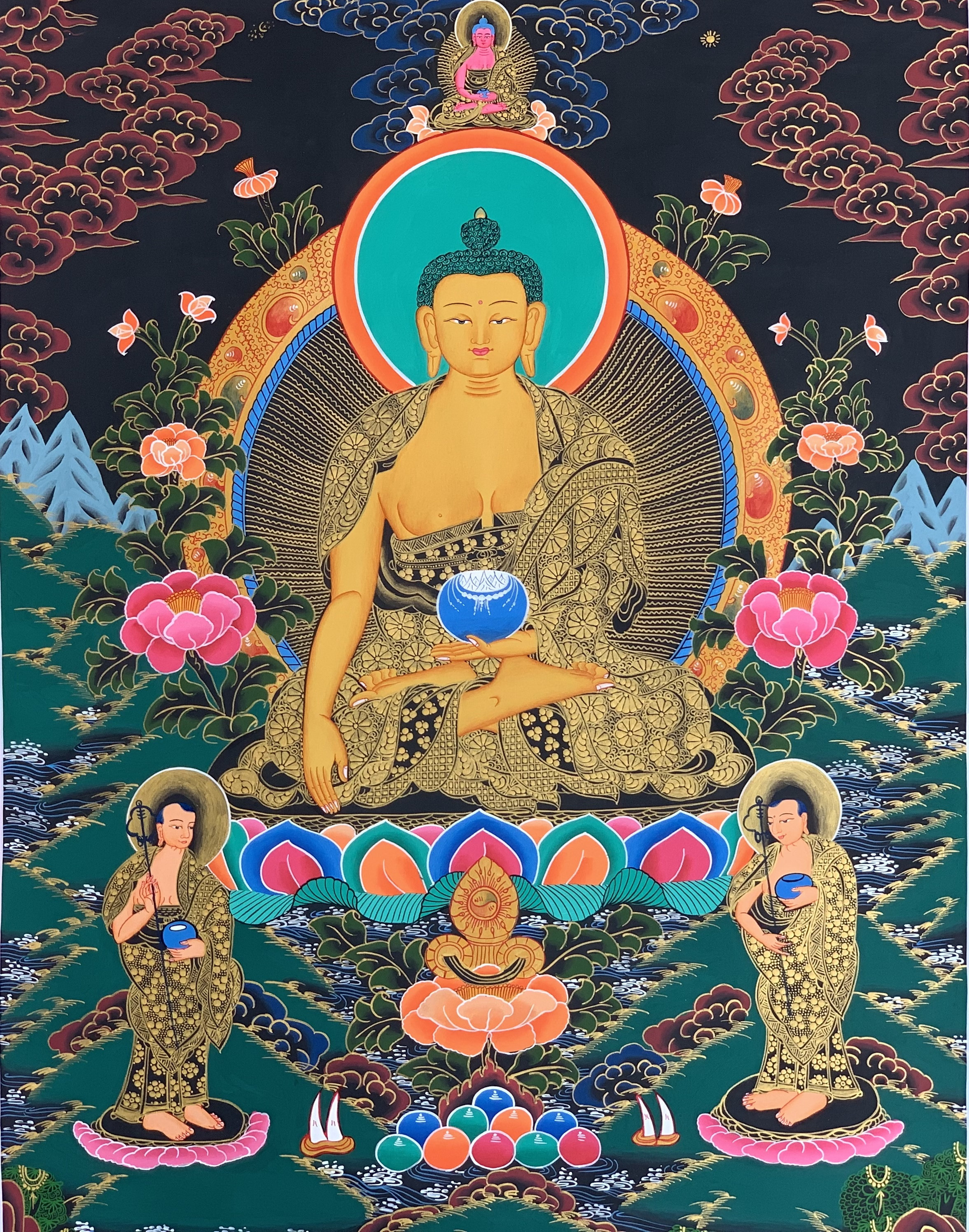 Hand-Painted Shakyamuni Buddha Tibetan Thangka Art on Canvas, 22 x 30 Inches