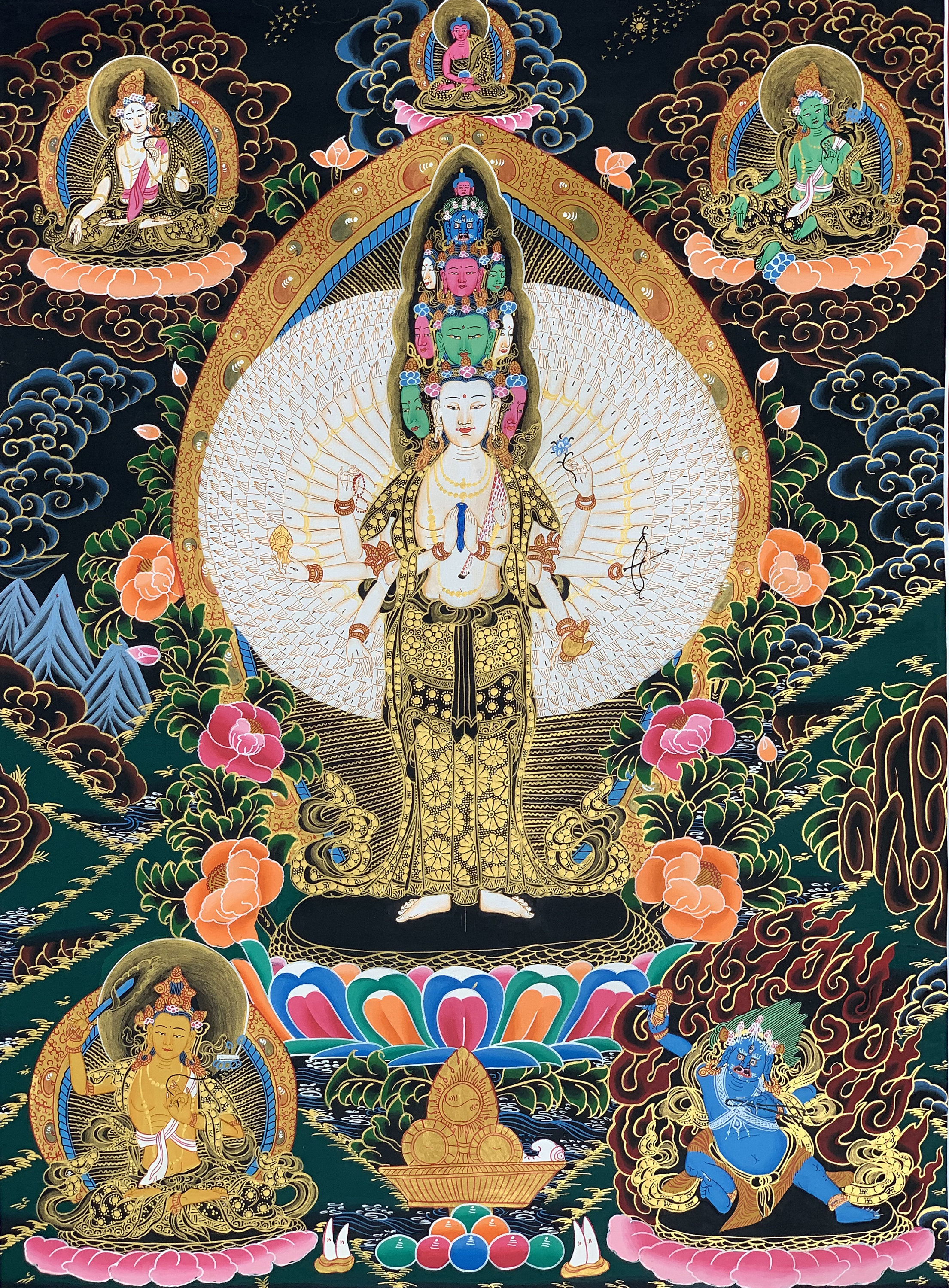Hand-Painted Lokeshwor Bodhisattva Tibetan Thangka Art on Canvas, 22 x 30 Inches